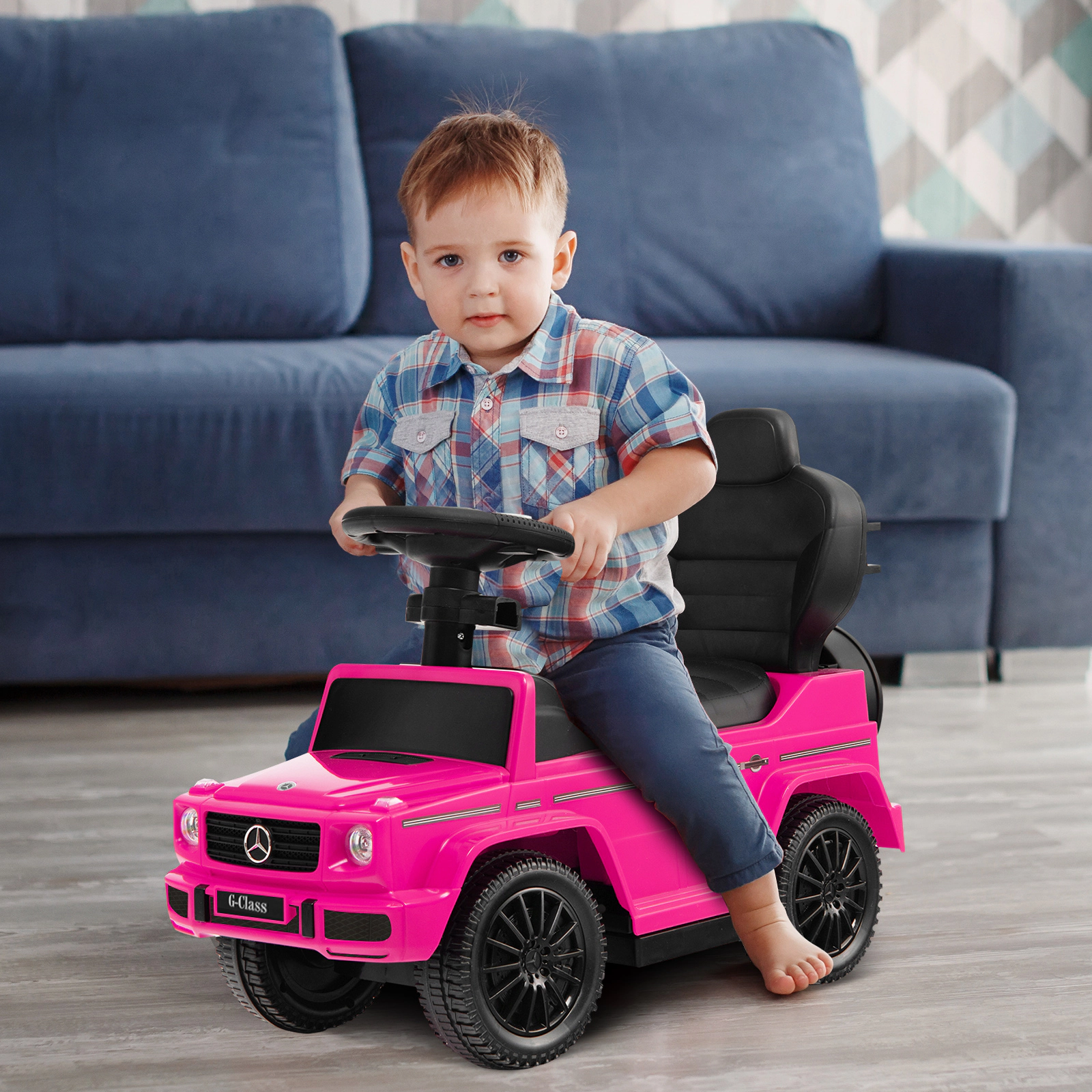 3-in-1 Toddler Push Car Pink Retractable Footrest Canopy Horn Engine Sounds Baby Stroller 18-36 Months 55-lb Limit