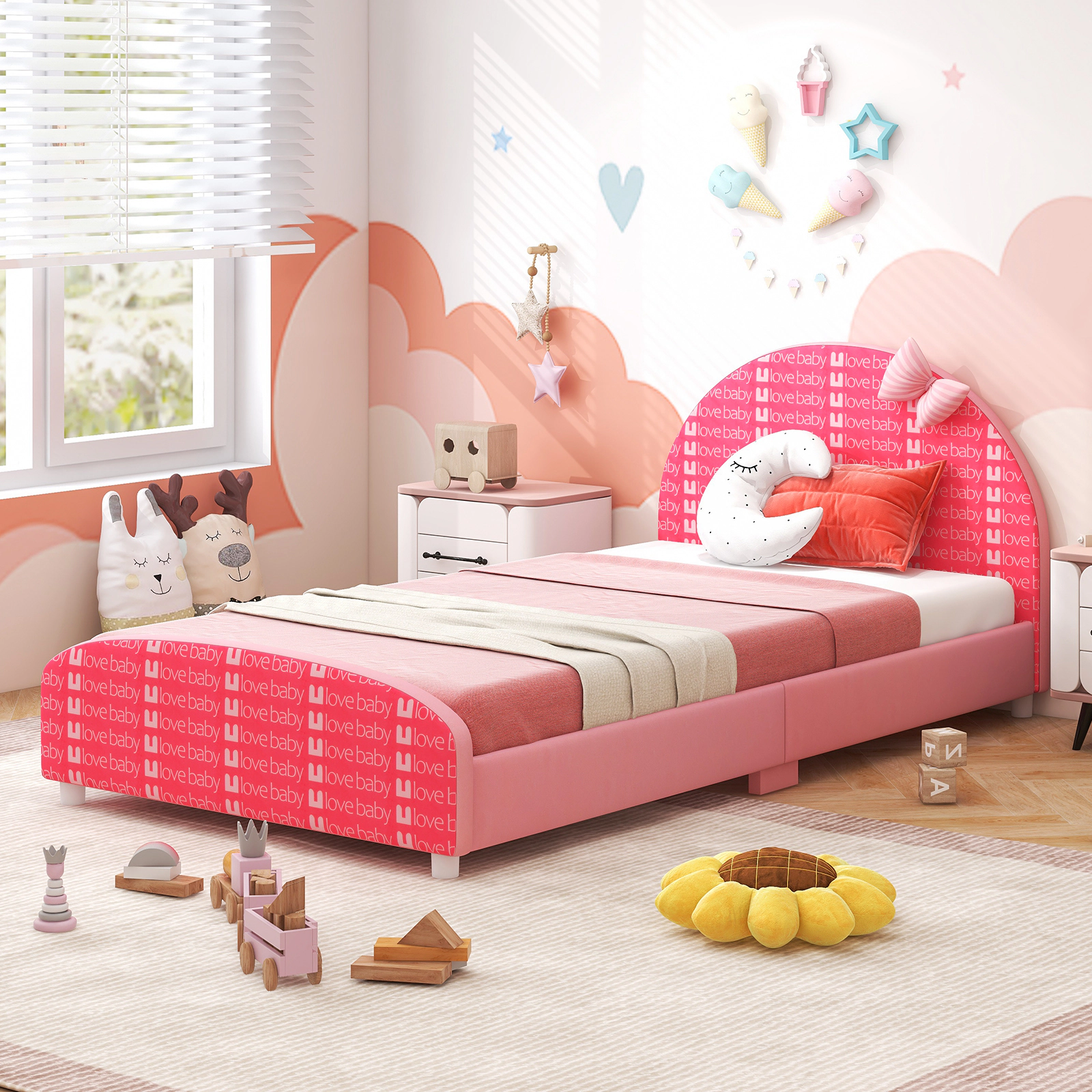 SUGIFT Kids Twin Size 400-lb Bed Capacity Upholstered Platform Bed Frame with Padded Headboard 80-in L 42-in W Pink
