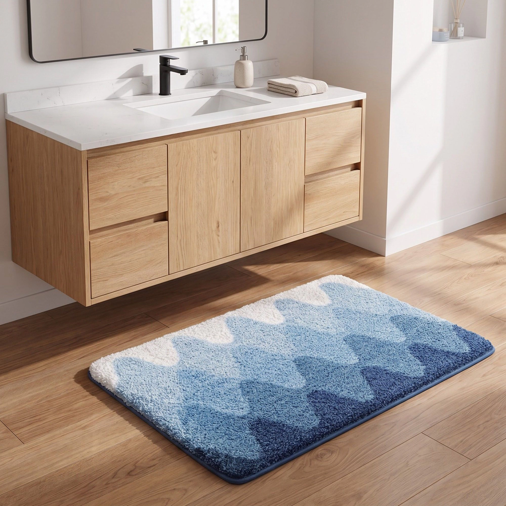 Alilang Unisex Blue Ombre Abstract Wave Plush Bathroom Mat with Soft Tufted Surface and Bound Edges