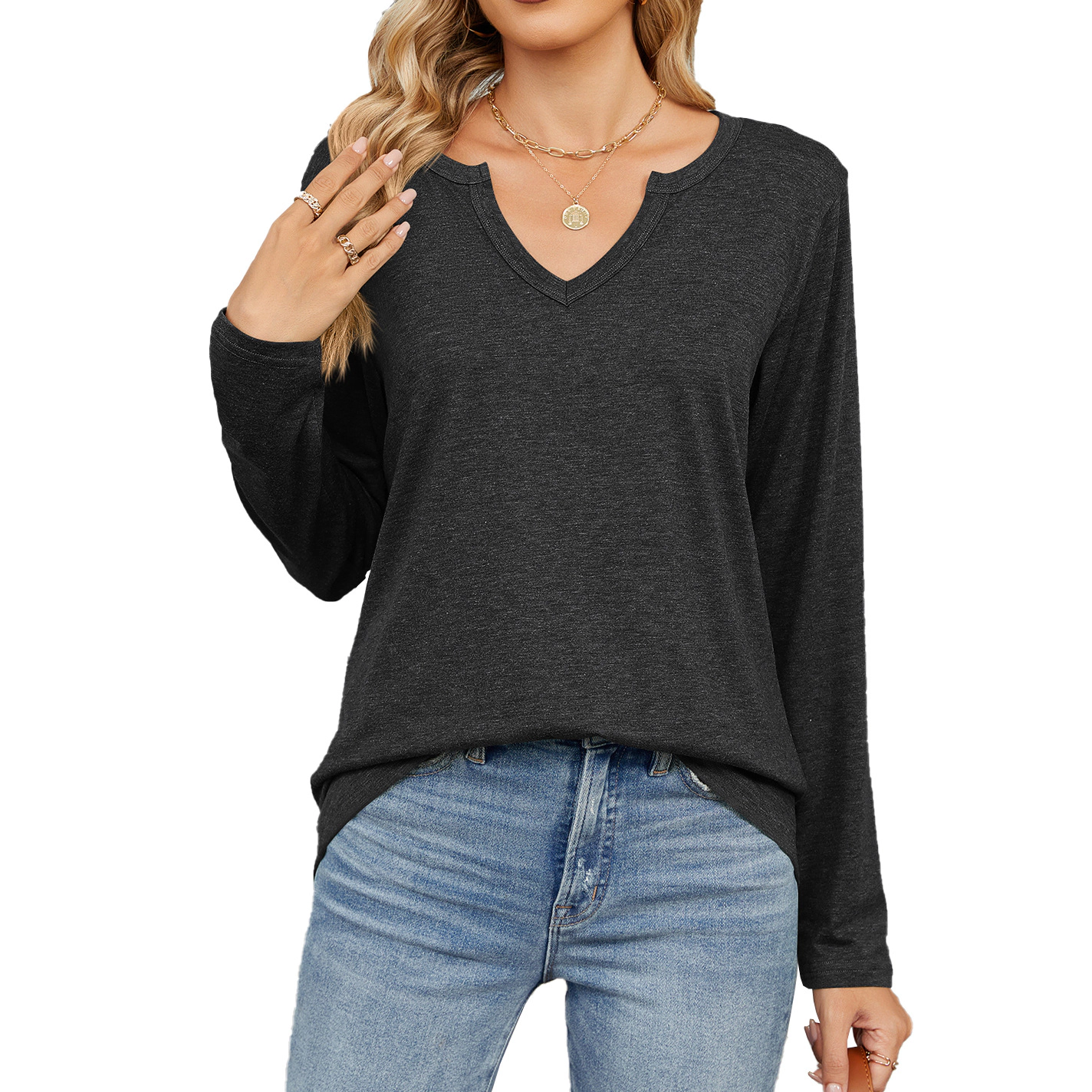 Enchanted Funland Womens Notched V‑Neck Long Sleeve Loose Casual Solid Tops