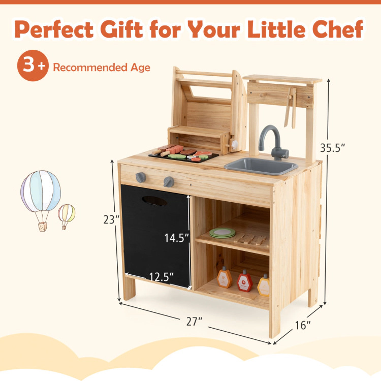 SUGIFT Wooden Barbecue Grill Playset with Chalkboard Sink and Cabinet 27-in Wide Countertop Ages 3+ 25-Piece Set Natural