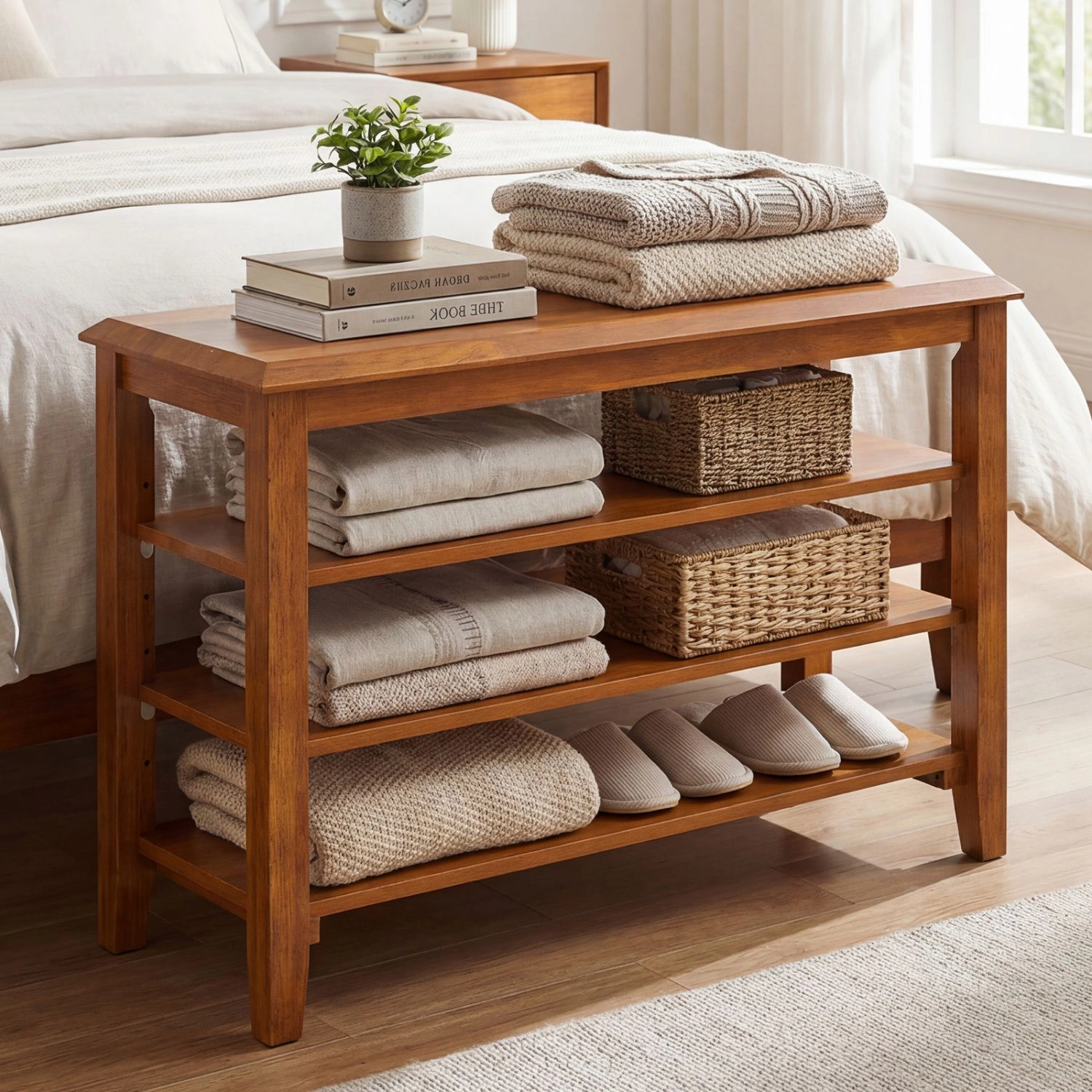 SlickBlue 3-Tier Wooden Shoe Rack Bench with Adjustable Shelves