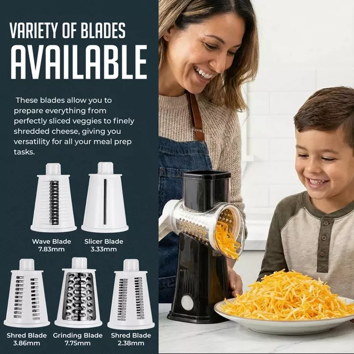 Luminuxe Rotary Cheese Grater w/ Handle, Manual Cheese Shredder Strong Suction Base. Kitchen Mandoline Vegetable Slicer