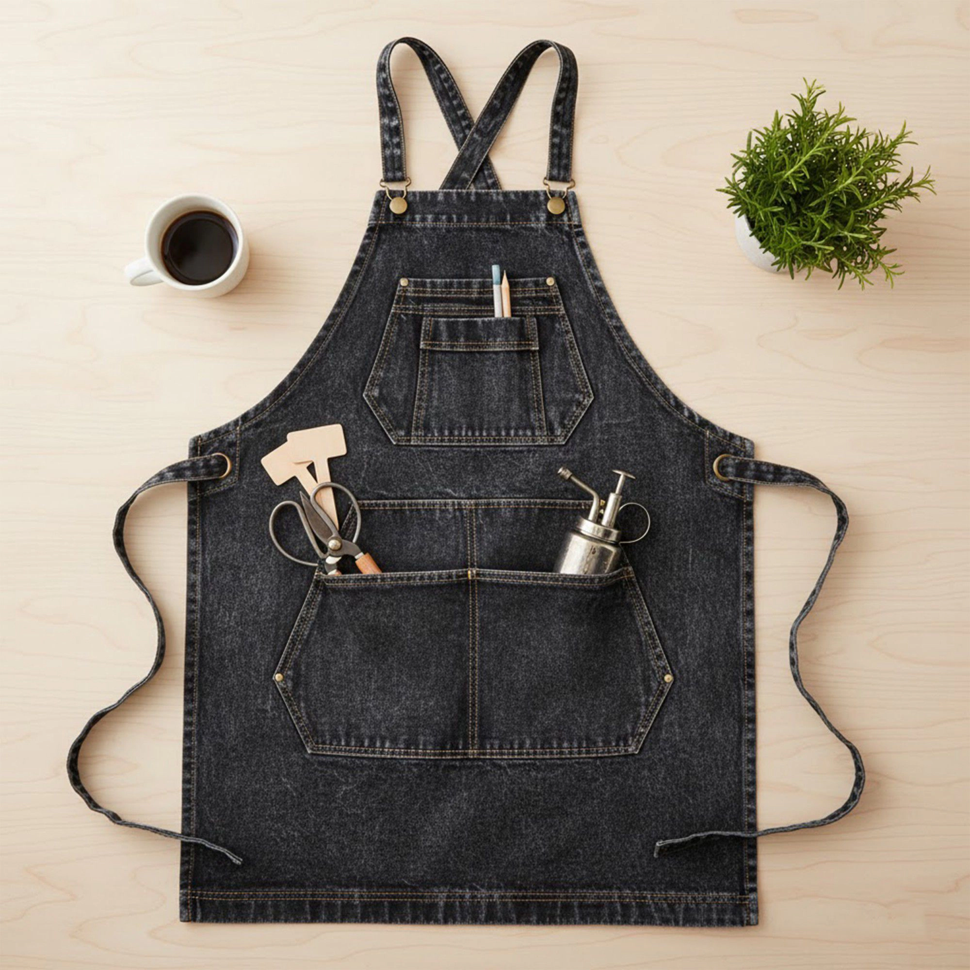 Alilang Unisex Adjustable Cross Back Denim Utility Apron with Multi Pocket Storage and Reinforced Hardware Design