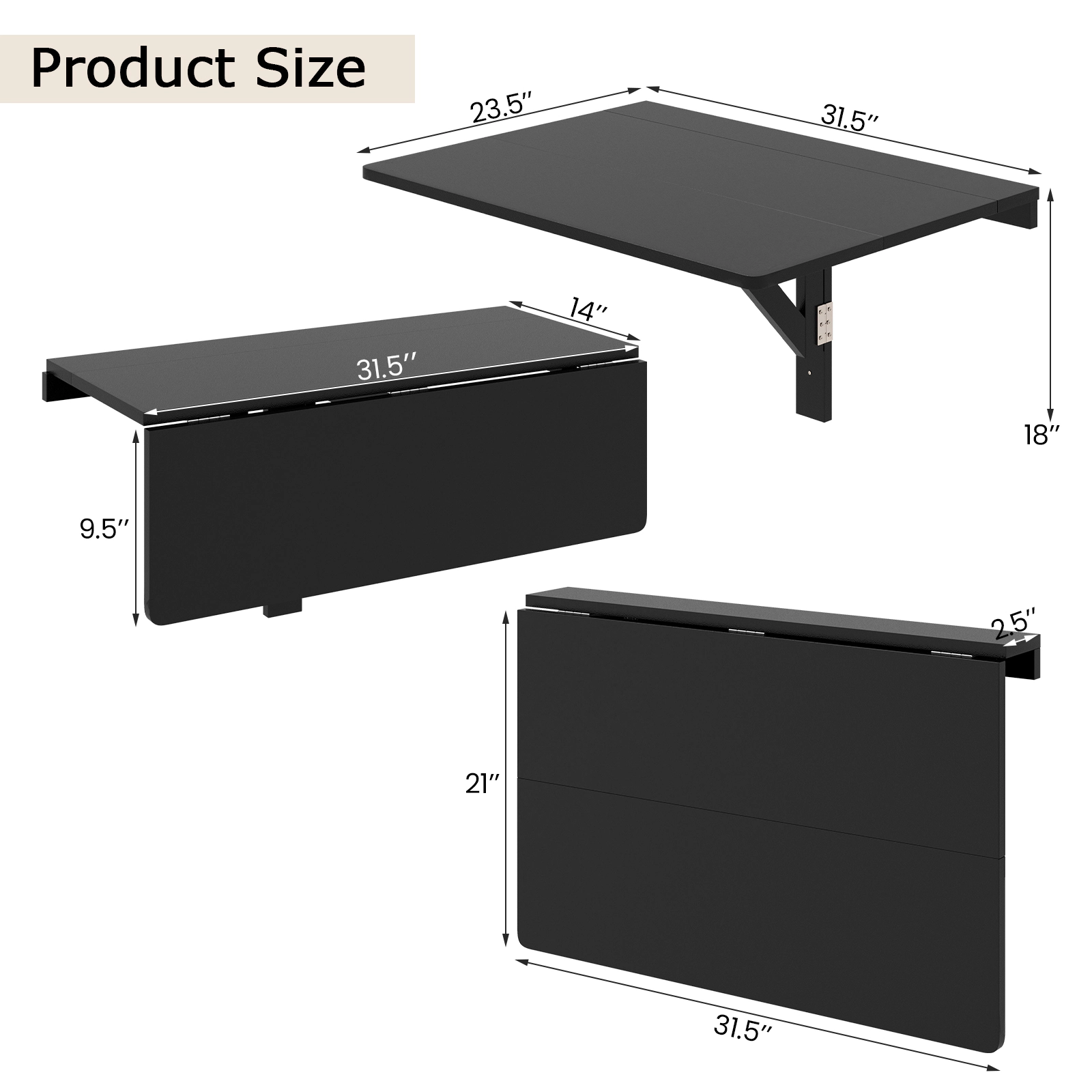 SUGIFT Wall Mounted Folding Table 31.5 x 23.5-in Drop-Leaf 66-lb Capacity Space-Saving Design Black