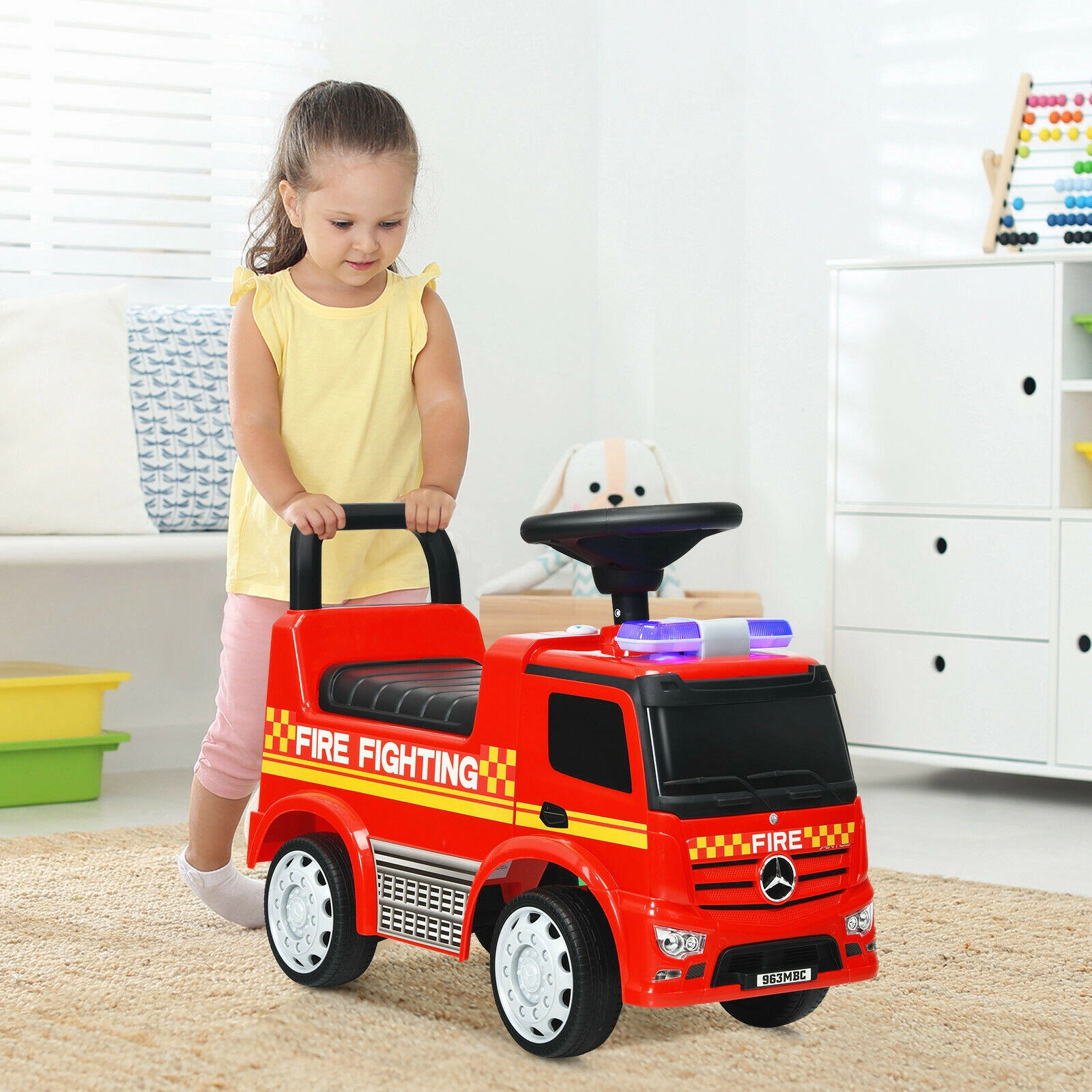 SUGIFT Licensed Mercedes Benz Kids Fire Engine Ride-On Push Car 55-lb Capacity Ages 12-36 Months Foot-to-Floor Red
