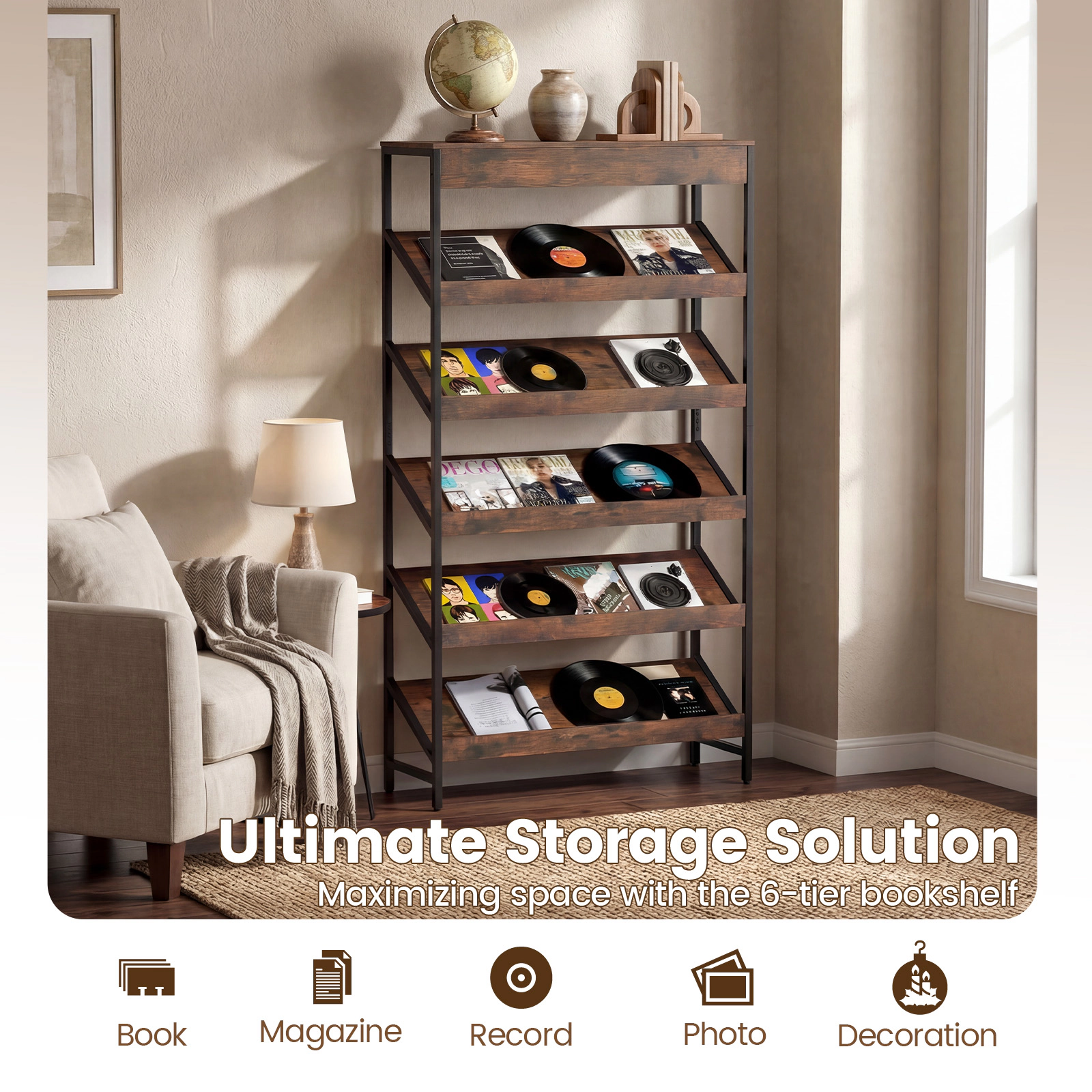 SUGIFT Rustic Brown 6-Tier Tall Bookshelf 63.5 in with Angled L-Shaped Shelves