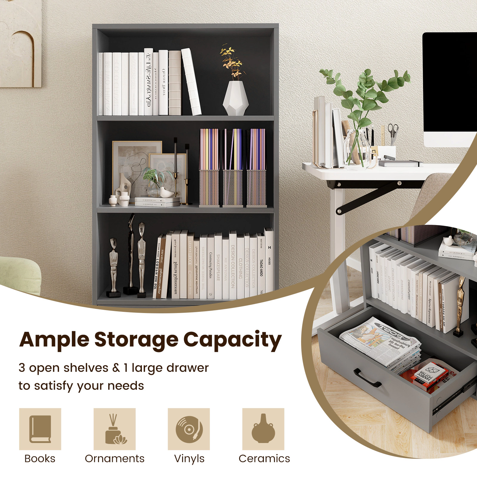 SUGIFT 4-Tier Gray 42.5-in Bookshelf with Drawer 3 Open Shelves 2 Anti-Toppling Kits and 88-lb Top