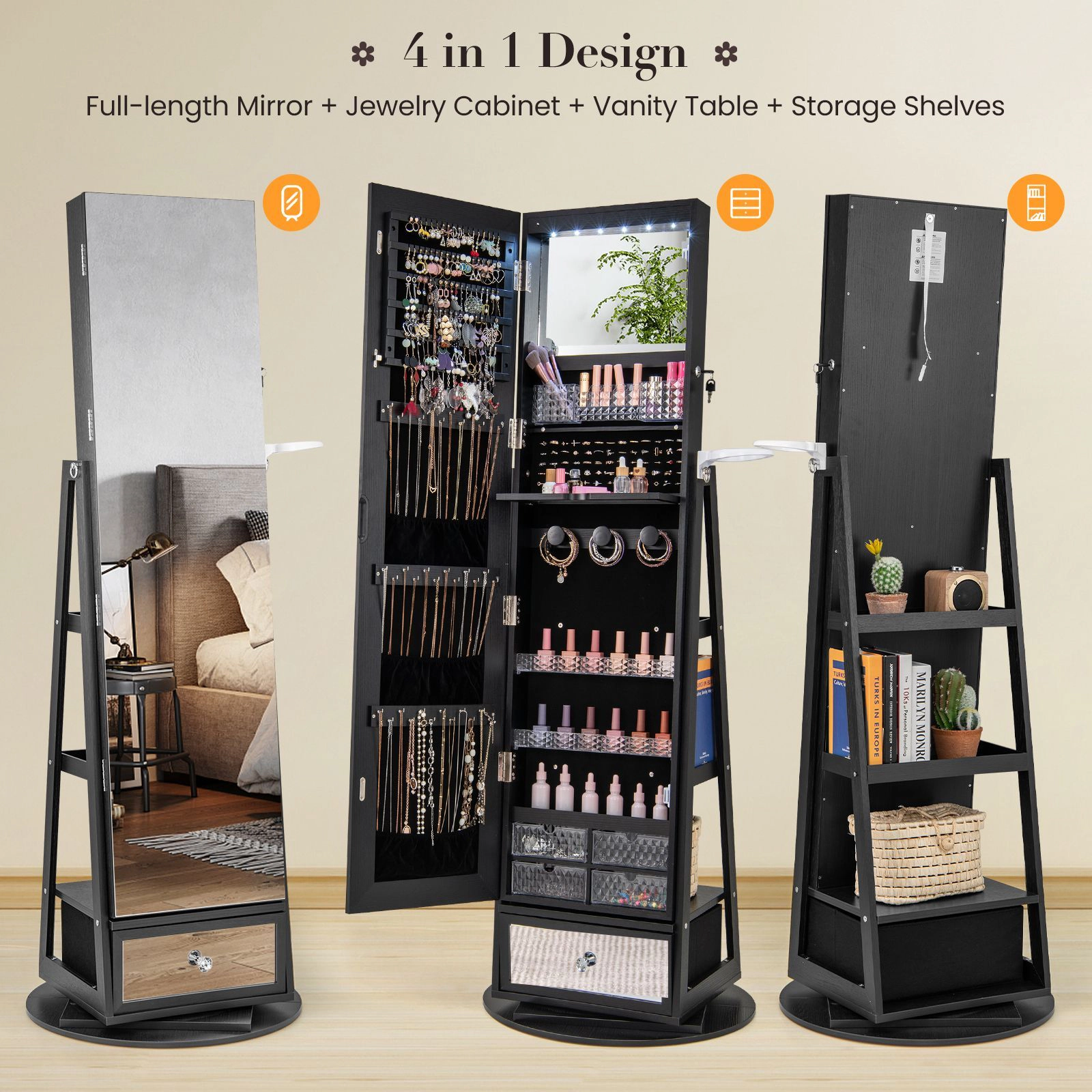 SlickBlue Women's 3-in-1 Mirrored LED Jewelry Armoire Cabinet