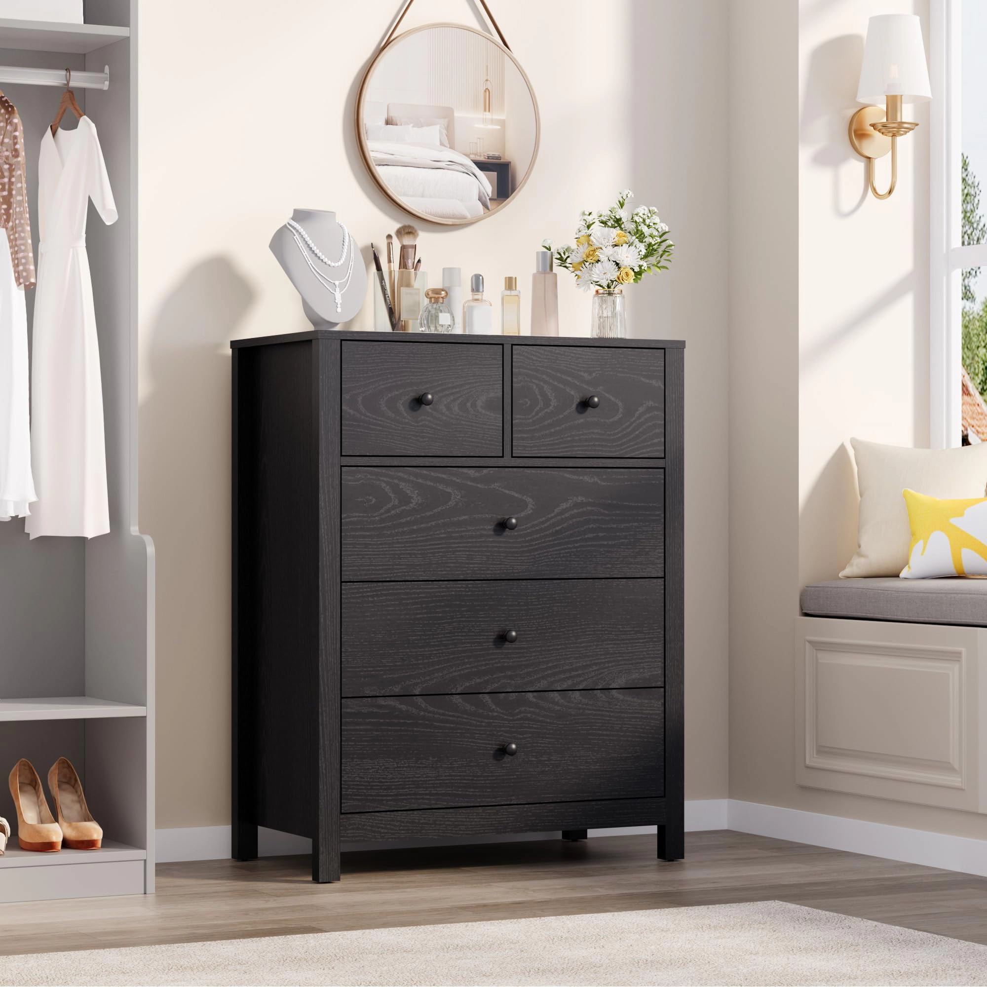 5 Drawer Modern Dresser with Metal Knobs, 37" Tall Wooden Storage Chest for Bedroom Hallway Entryway