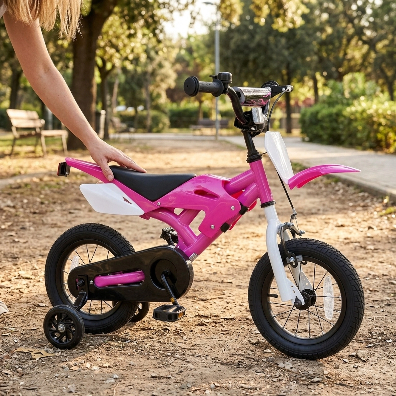 12-in Kids Bike with Number Plate Race Graphics Training Wheels Bell and Reflectors for Ages 3-4 Pink Bicycle
