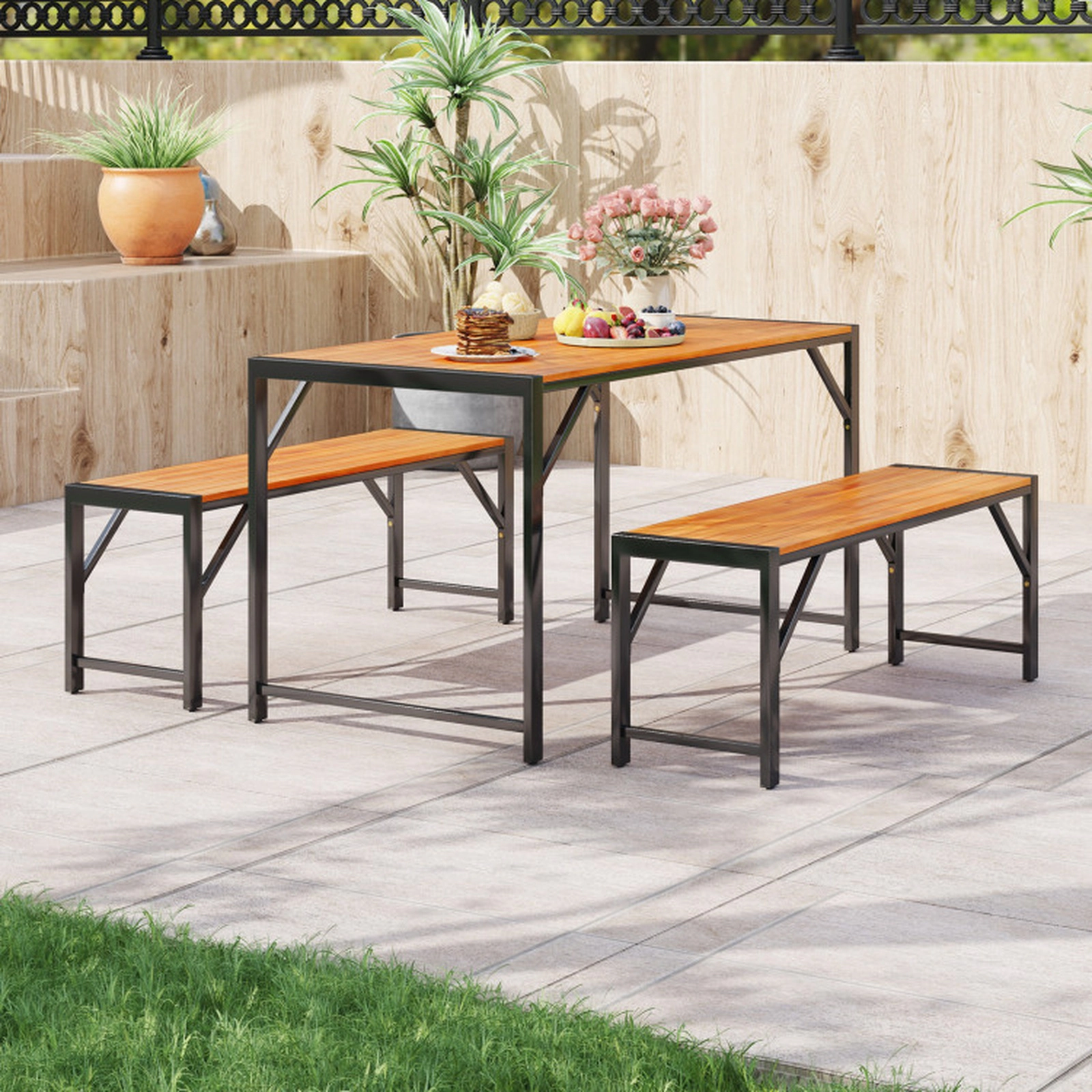 SUGIFT 3-Piece 800-lb Capacity 2 Benches Acacia Wood Black Metal Legs Patio Dining Set 53-in x 28-in x 30-in Natural