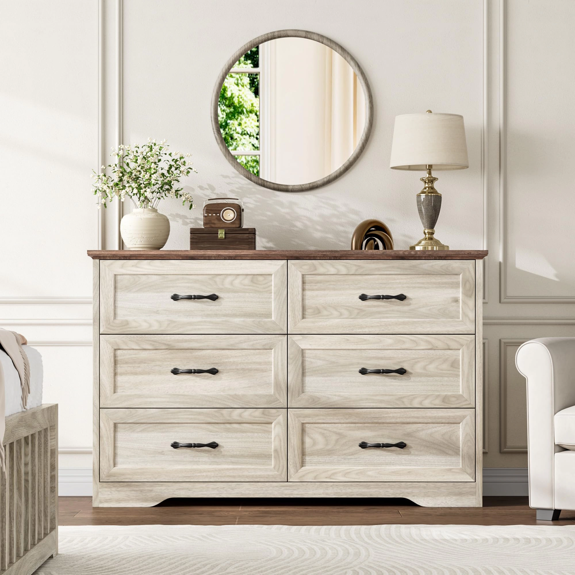 Farmhouse 6 Drawer Dresser with Metal Handles, 47.2" Wide Wooden Storage Cabinet for Bedroom