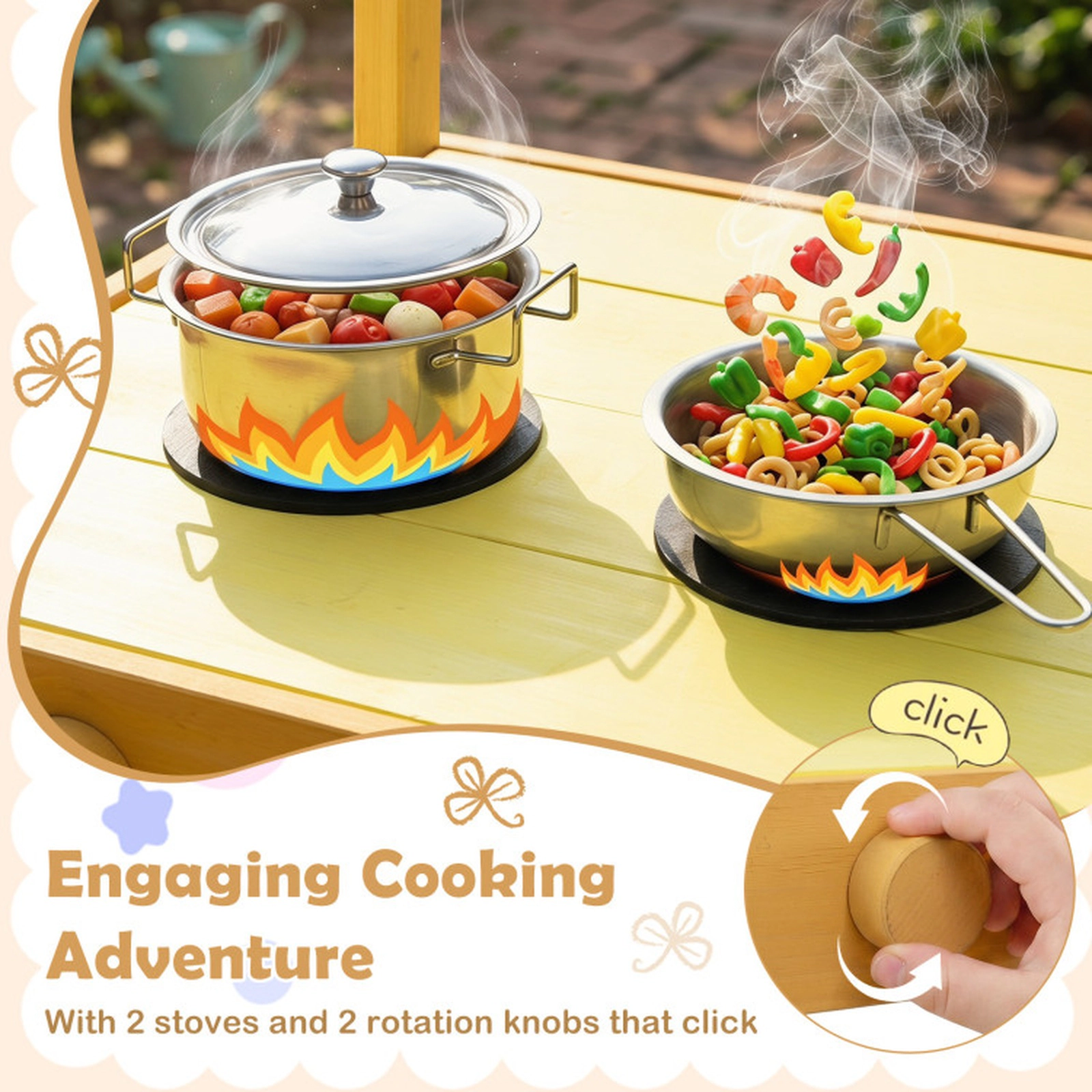 SUGIFT Wooden Outdoor Mud Kitchen with Water Tank Flowerpots and Wheels Ages 3+ Natural & Yellow