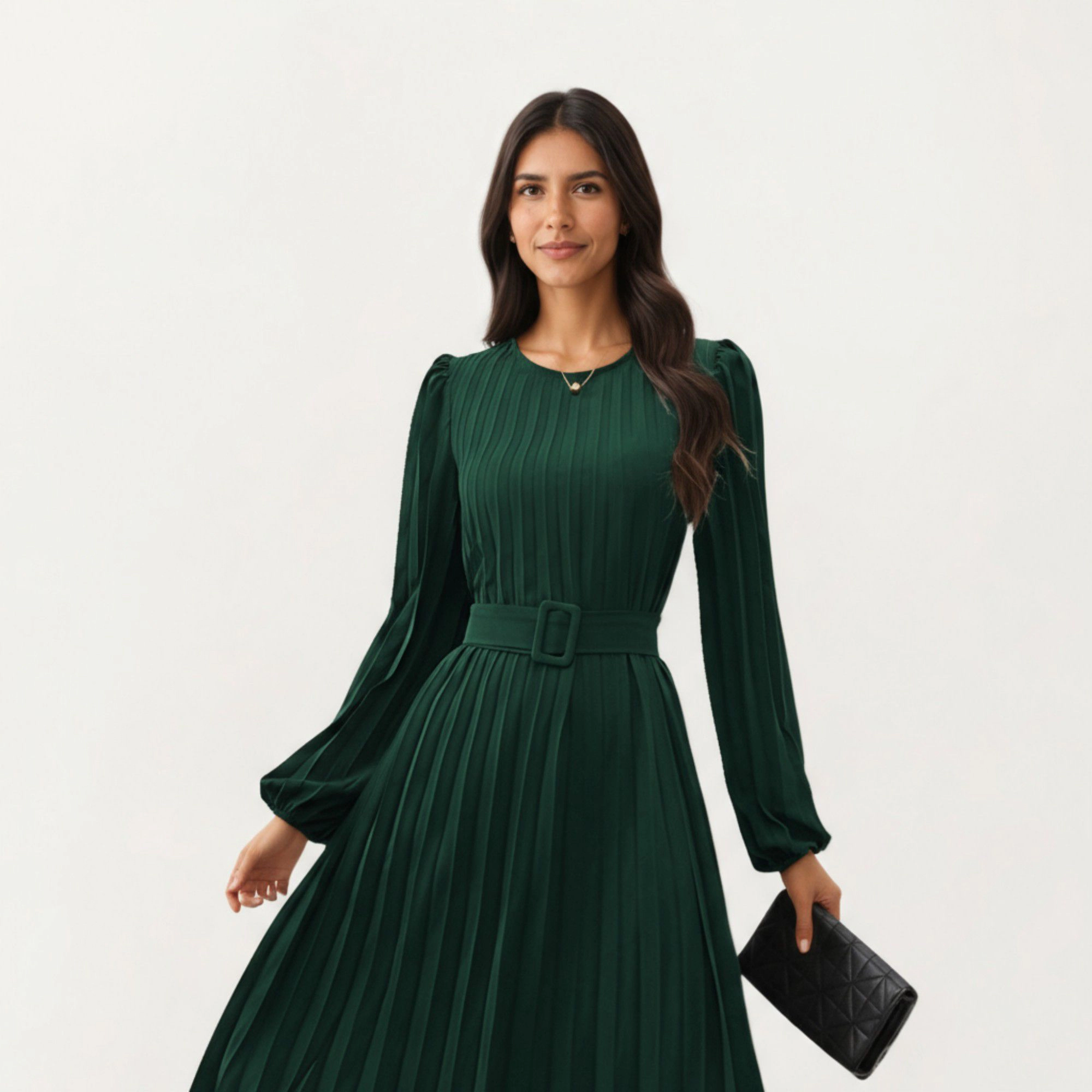 Anna-Kaci Womens Pleated Belted Crew Neck Midi Dress