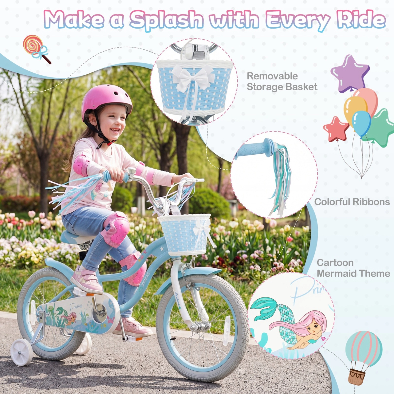 SUGIFT Adjustable 16-in Kids Bike with Basket and Streamers 110-lb Seat Capacity Ages 4-7 Blue Princess of the Sea Theme