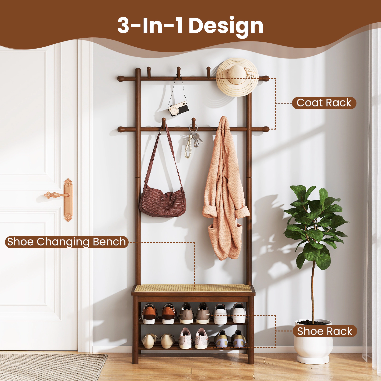 SUGIFT 3-in-1 Bamboo PE Rattan Hall Tree with Bench and Shoe Storage 330-lb Bench Capacity Brown & Natural