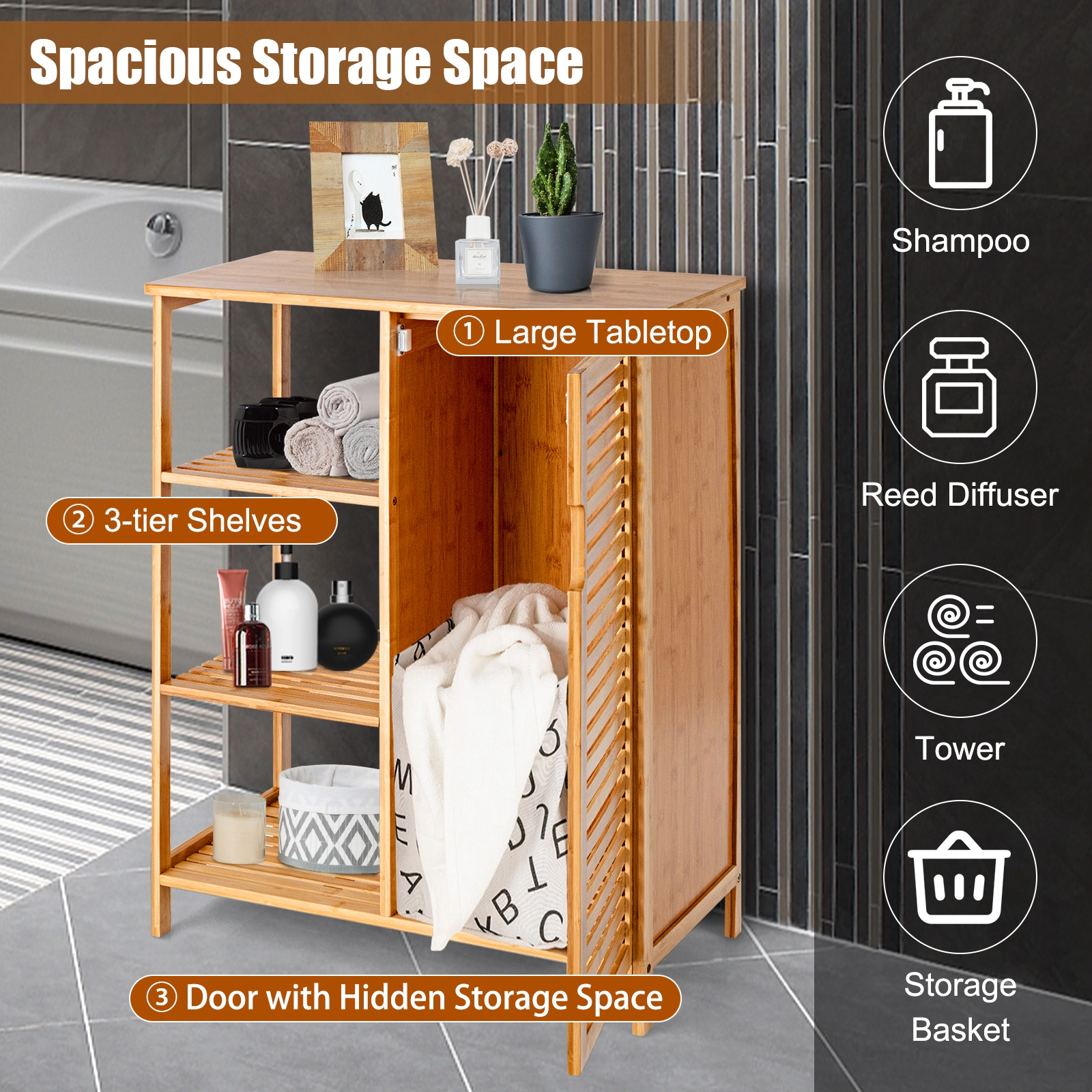 Slickblue Bathroom Floor Storage Cabinet Natural Wicker MDF Open Shelves Door Cabinet