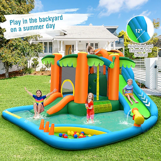 LJG Kids Inflatable Water Slide Park with Upgraded Handrail without Blower
