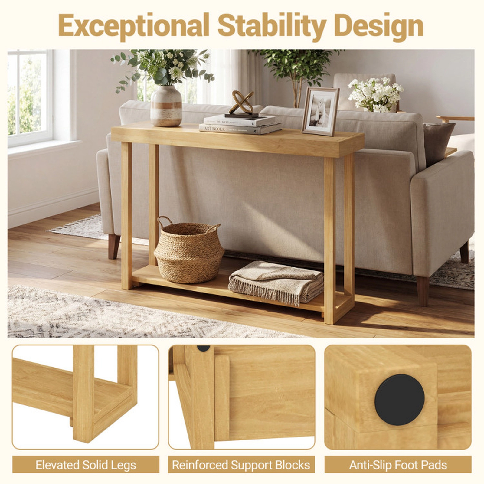 SUGIFT 46-in Teak Wood 2-Tier Console Table 66-lb Tabletop Capacity 22-lb Shelf Capacity Narrow Sofa Table Natural