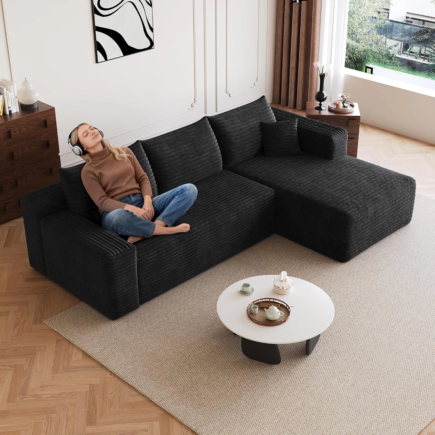 RENDGO 96 Balck Corduroy Boneless L Shaped Modular Sectional Couch for Living Room No Assembly Required