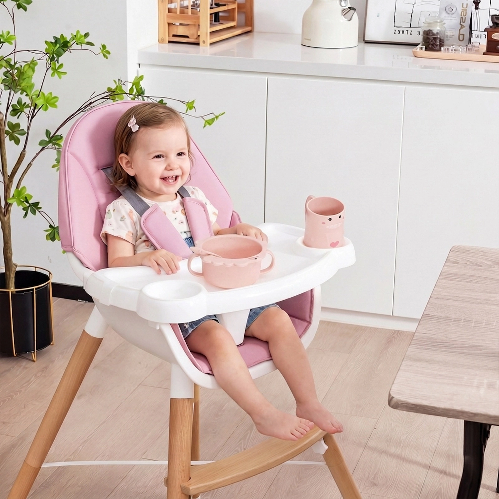 Baby High Chair 4-Level Dual Tray 2 Cup Holders Waterproof Cushion Solid Beech X-Frame for 6 Months to 3 Years