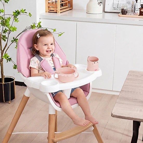 Baby High Chair 4-Level Dual Tray 2 Cup Holders Waterproof Cushion Solid Beech X-Frame for 6 Months to 3 Years