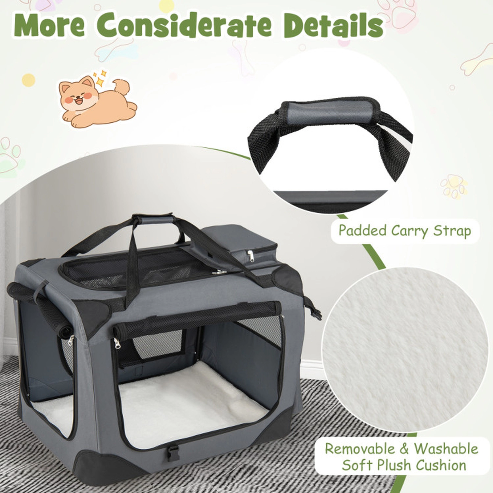 SUGIFT Gray 28-in Collapsible Soft Dog Travel Crate with 3 Roll-Up Doors Mesh Windows and Fleece Bed