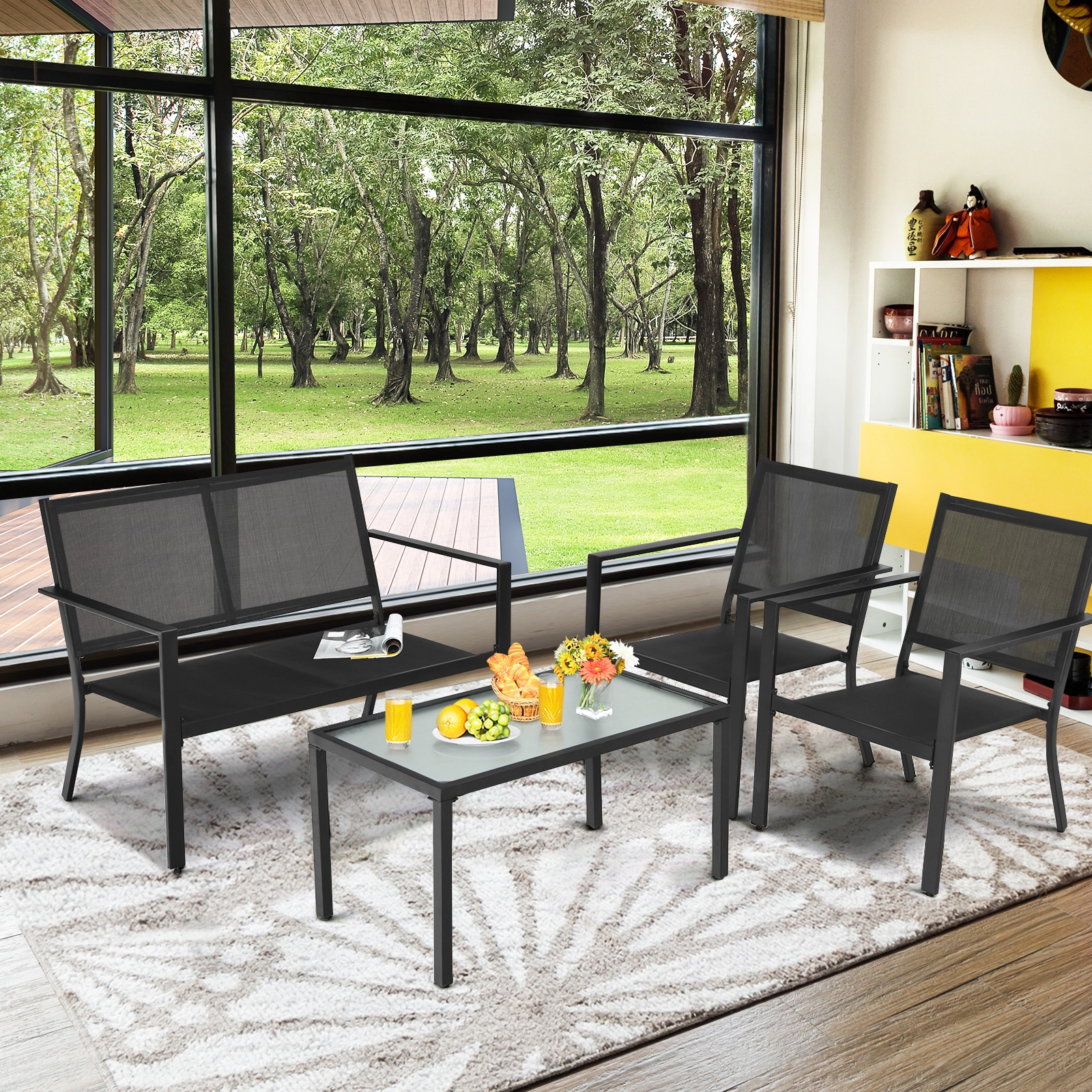 SUGIFT Gray 4-Piece Patio Conversation Set with Loveseat and Tempered Glass Table