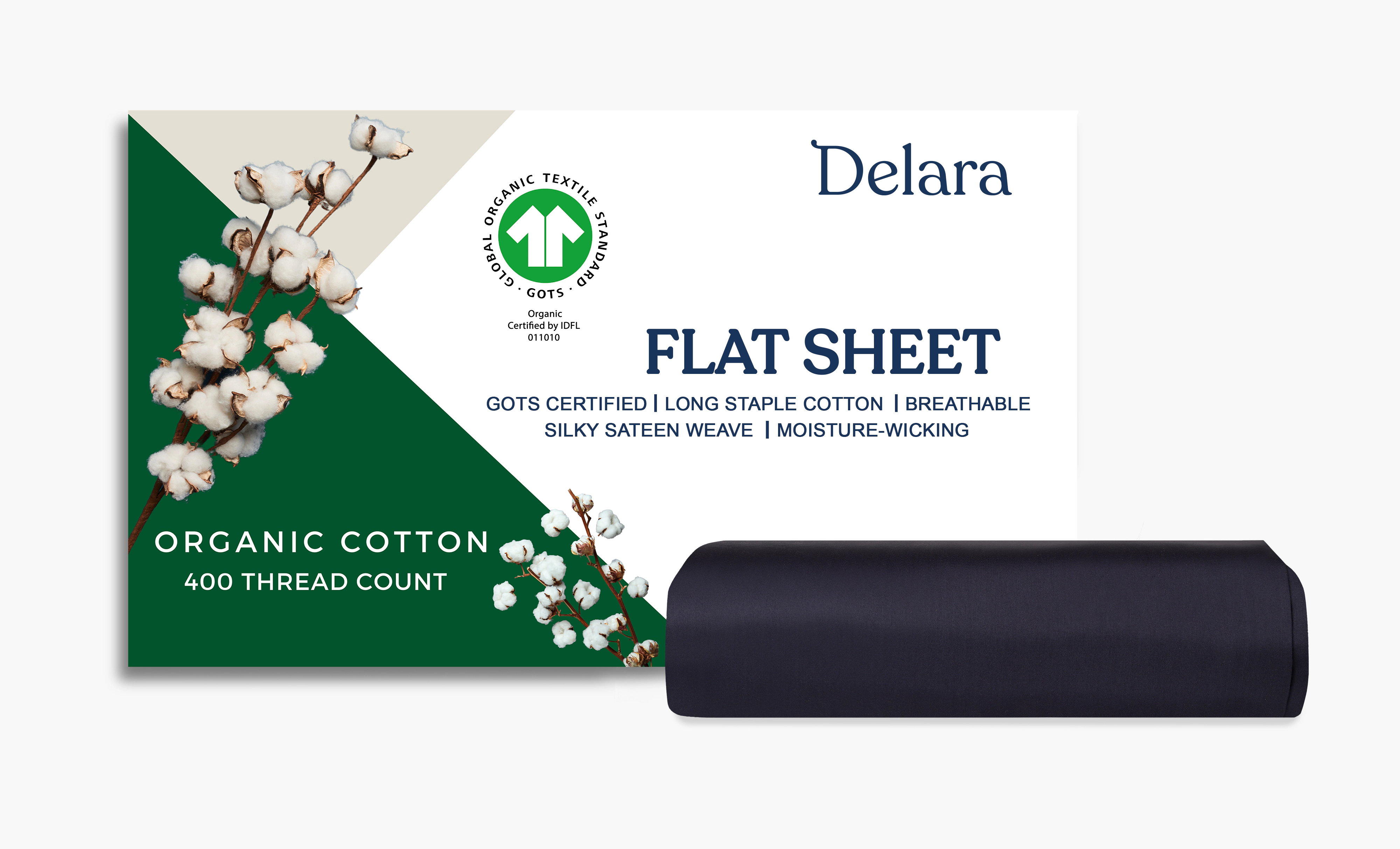 Delara GOTS Certified Organic Cotton Flat Sheet, 400 Thread Count, Long Staple Cotton, Soft & Breathable