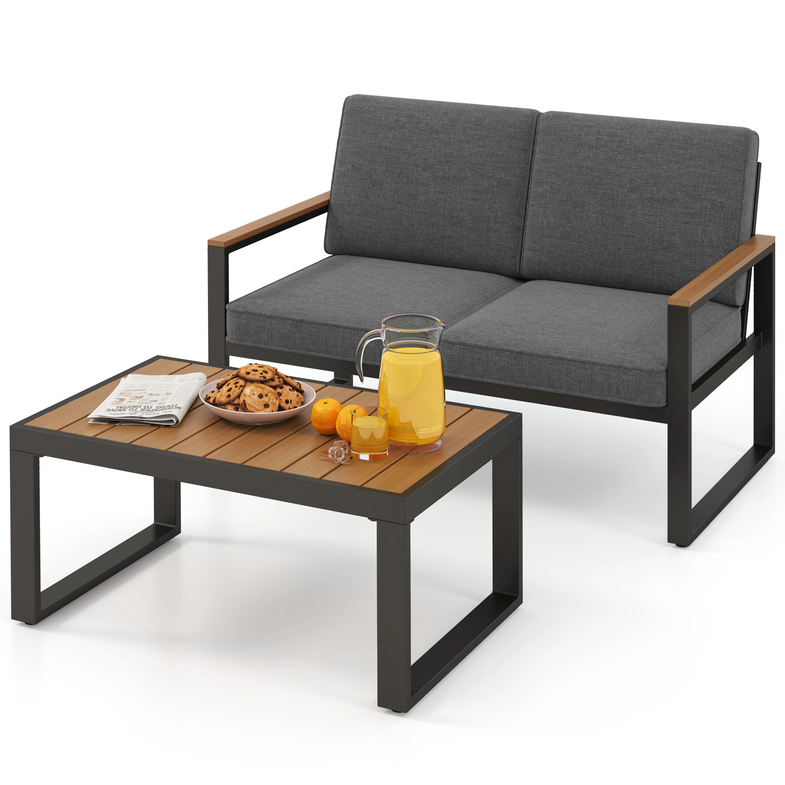 LJG 2 Piece Patio Aluminum Furniture Set with Wood-Plastic Armrests and Tabletop