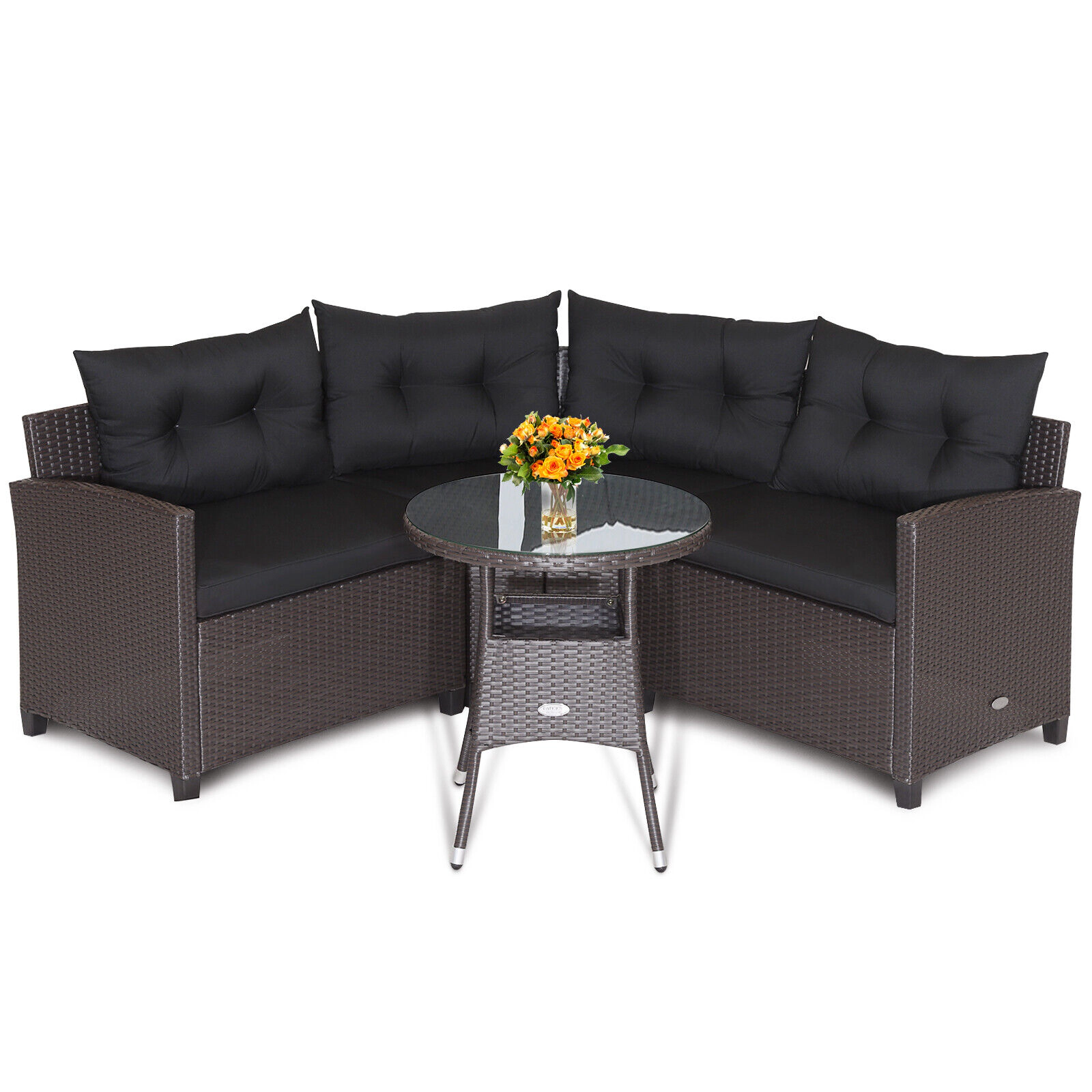 LJG 4 Pieces Patio Rattan Furniture Set Cushioned Sofa Glass Table
