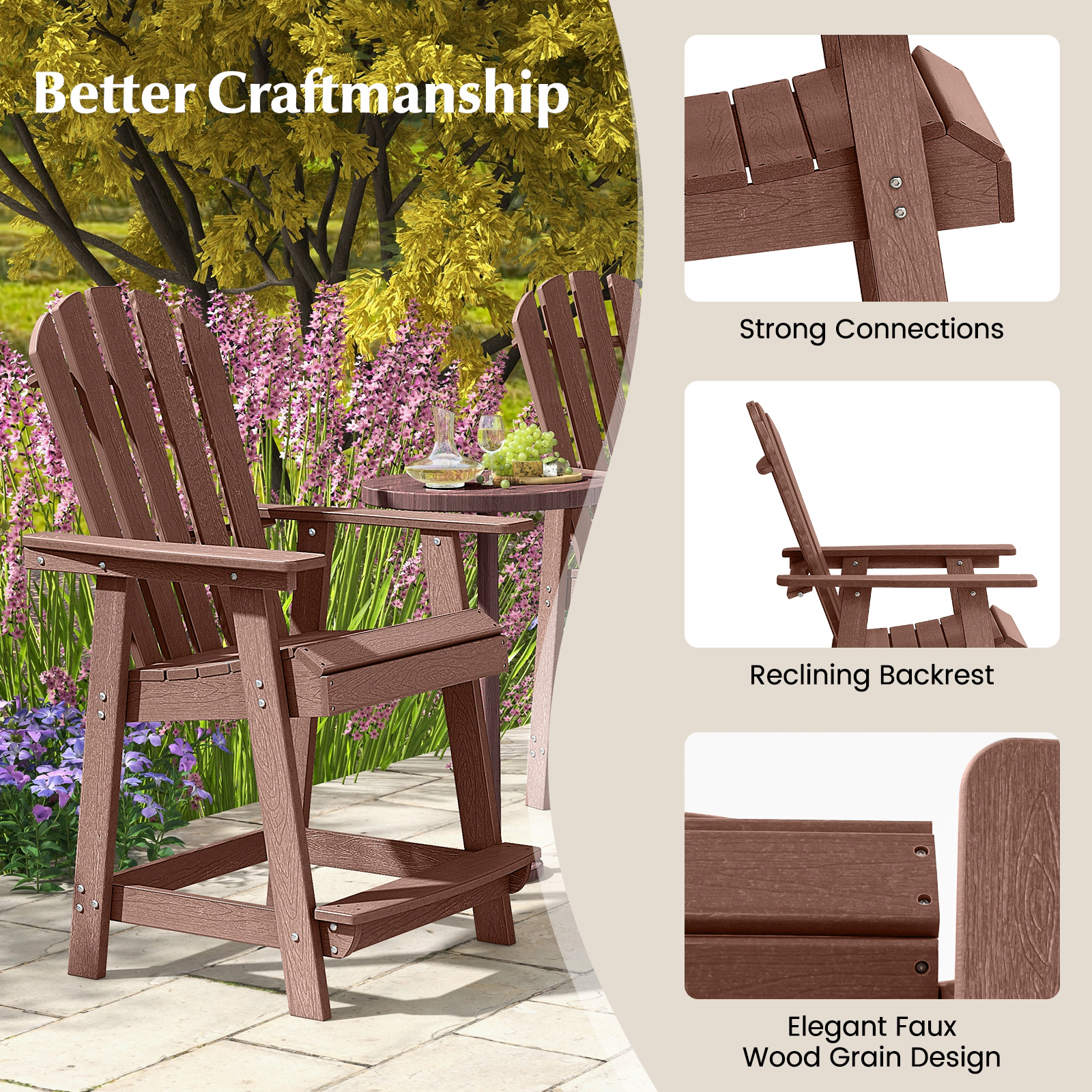 SUGIFT Counter-Height Bar Stool, HDPE Indoor-Outdoor Chair with Arms, Footrest and Backrest, Coffee