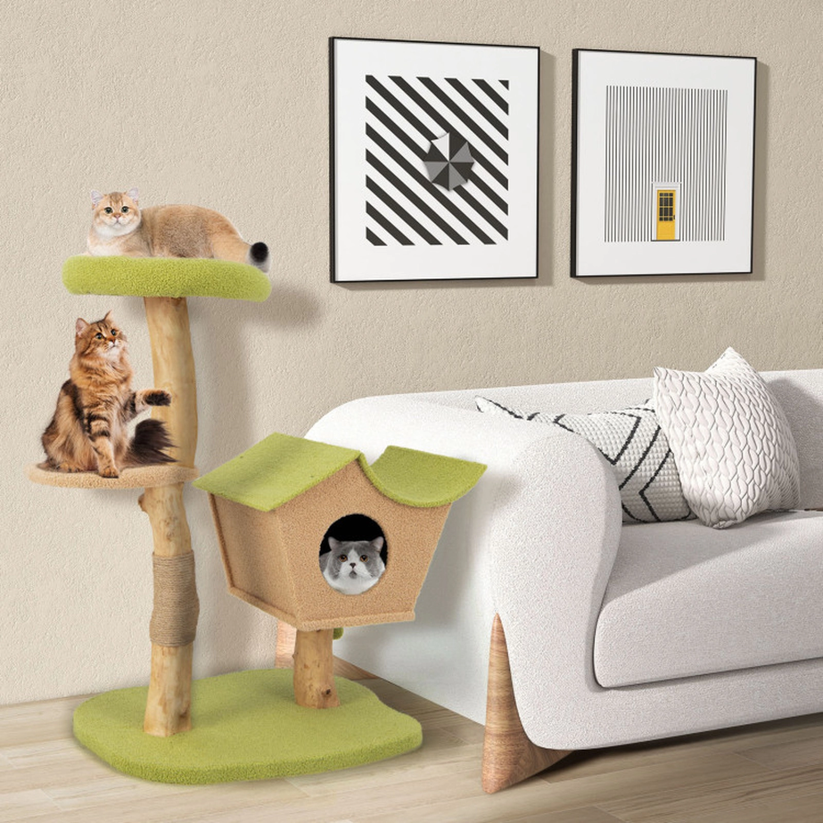 SUGIFT 43-in Wooden Cat Tree with Vented 2-Entry Condo Padded 17-in Top Perch Jute Posts and Bell Toys