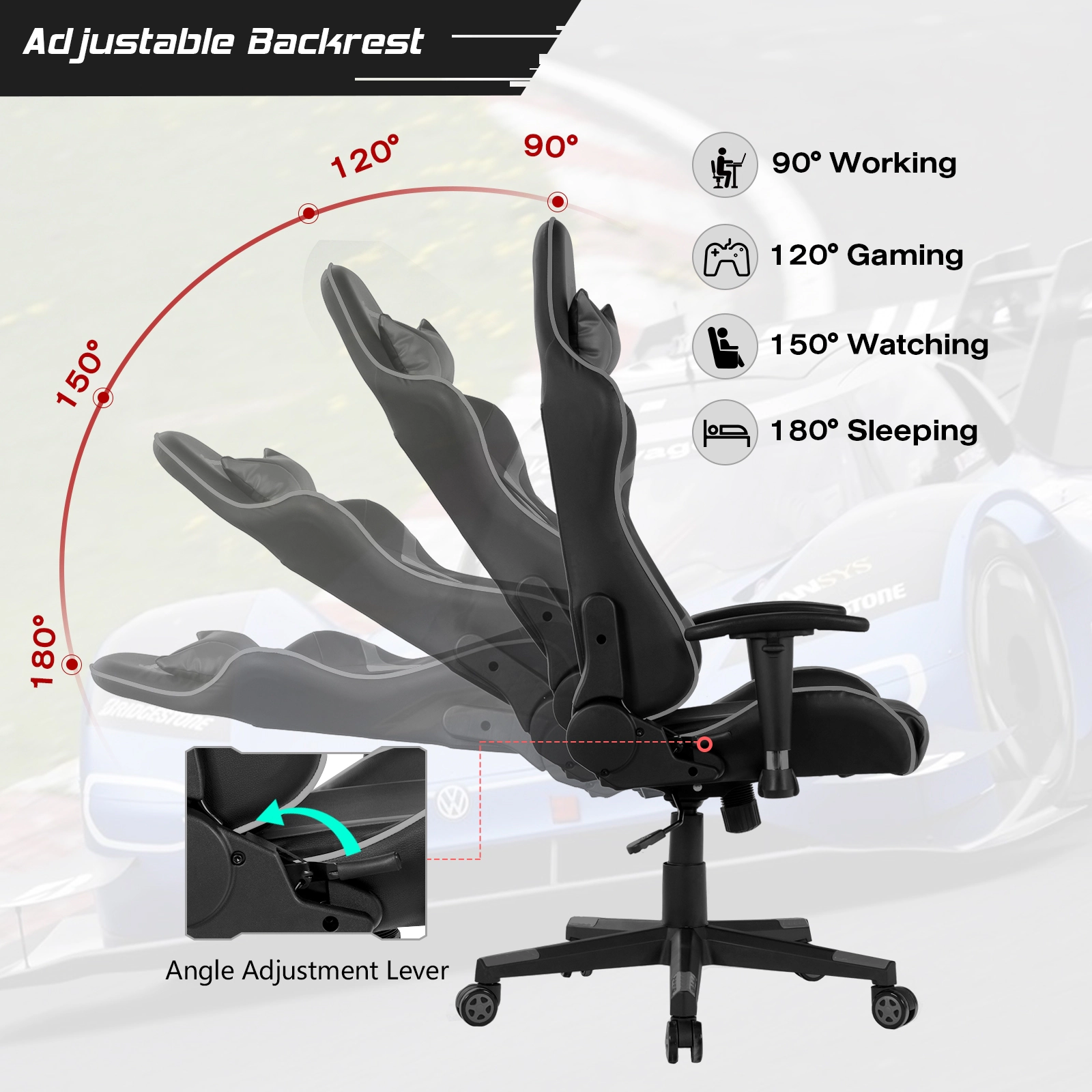 SUGIFT Reclining Swivel Massage Gaming Chair Gray with Lumbar Support and Faux Leather