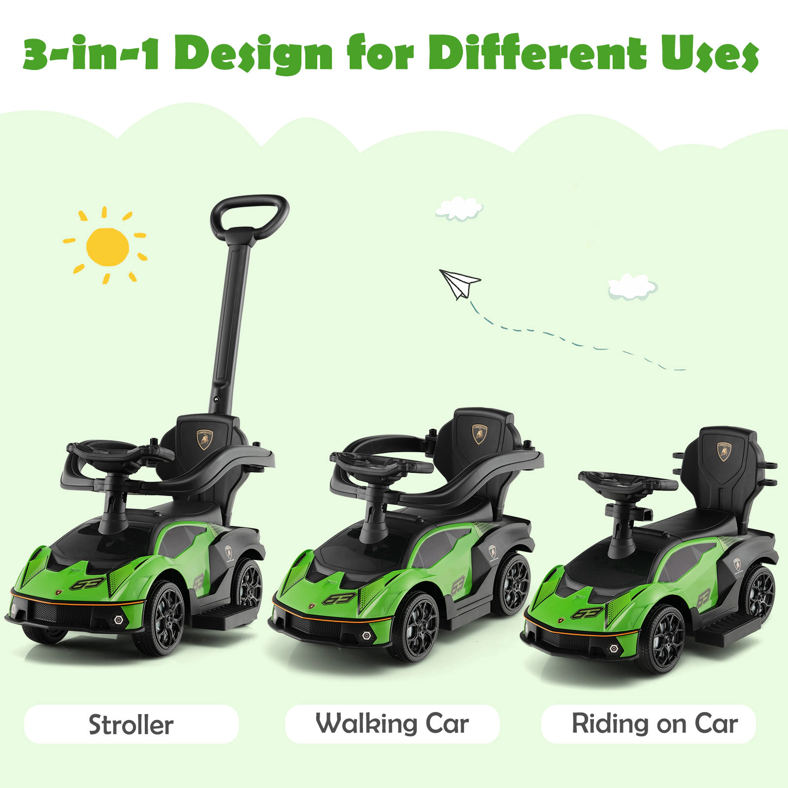 Costway 3-in-1 Licensed Lamborghini Ride on Push Car Stroller Sliding w/ Sound White
