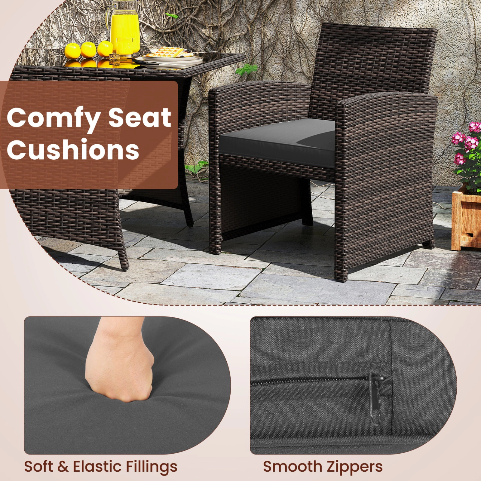 SUGIFT 3-Piece Gray Wicker Patio Dining Set, 44-In Tempered Glass Table and 2 Cushioned Chairs