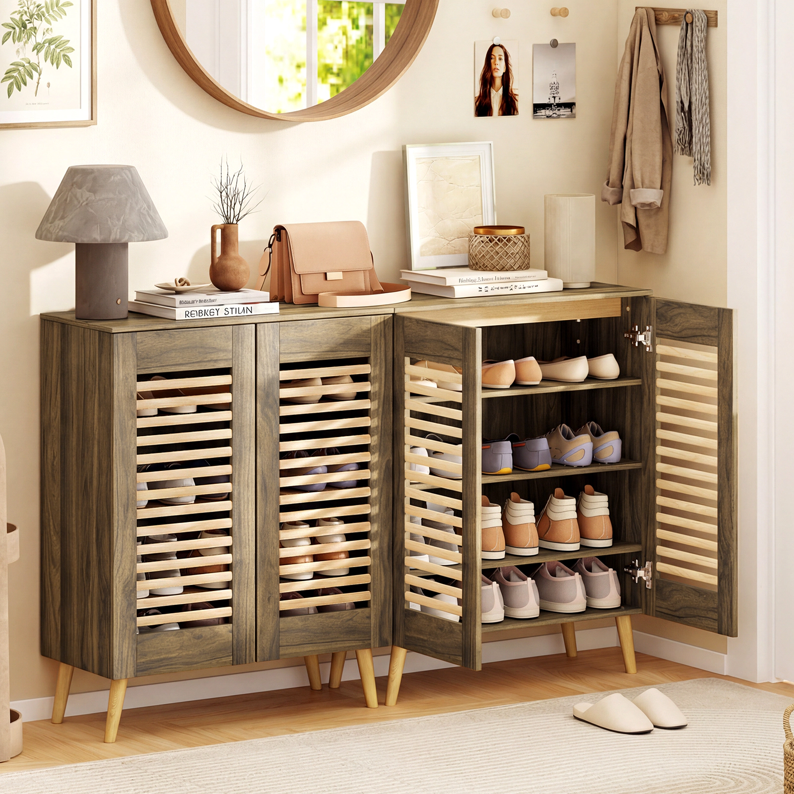 SUGIFT Walnut 88-lb Capacity Entryway Shoe Storage Cabinet with Louvered Doors and 3 Removable Shelves
