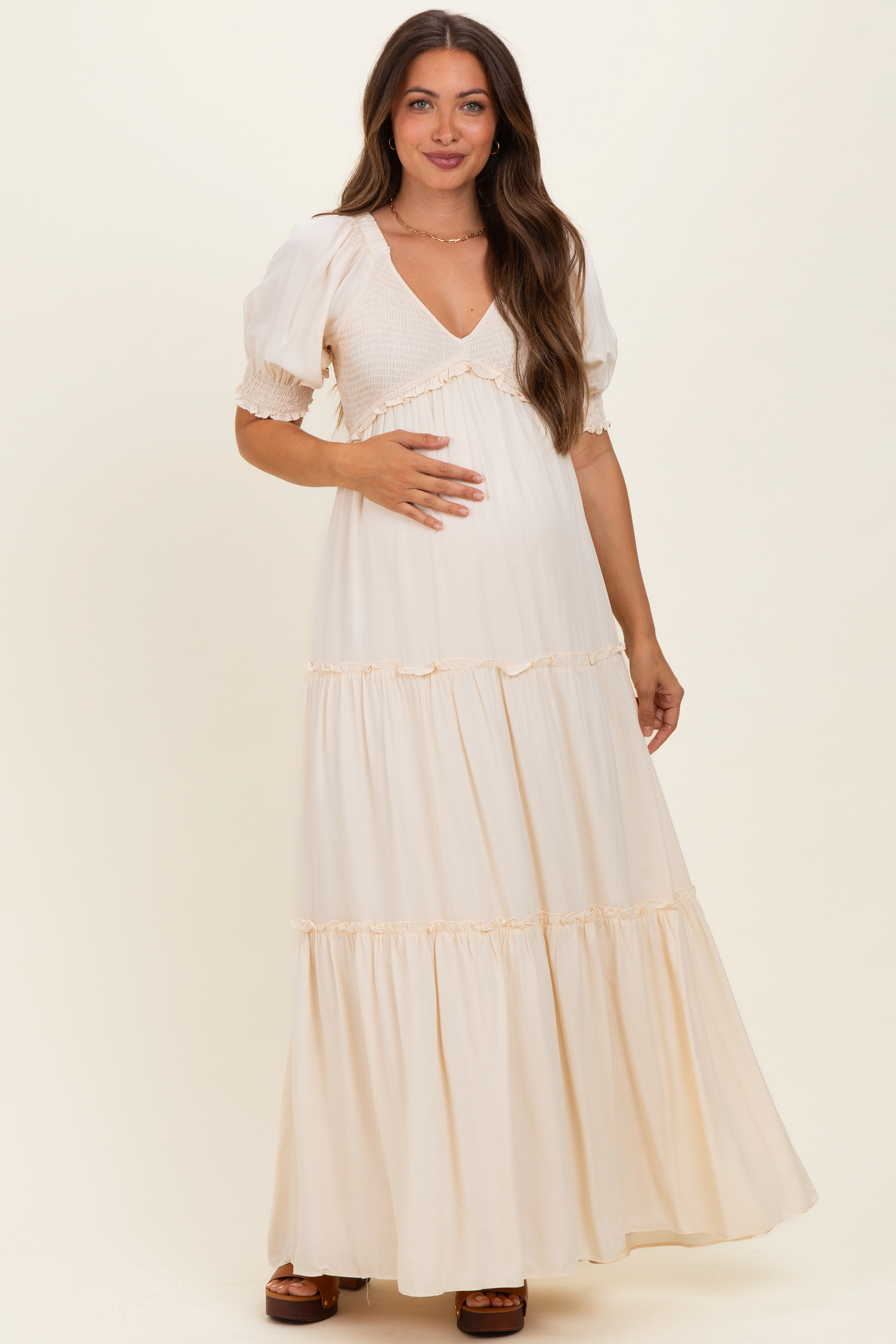 PinkBlush Womens Cream V-Neck Smocked Tiered Maternity Maxi Dresses