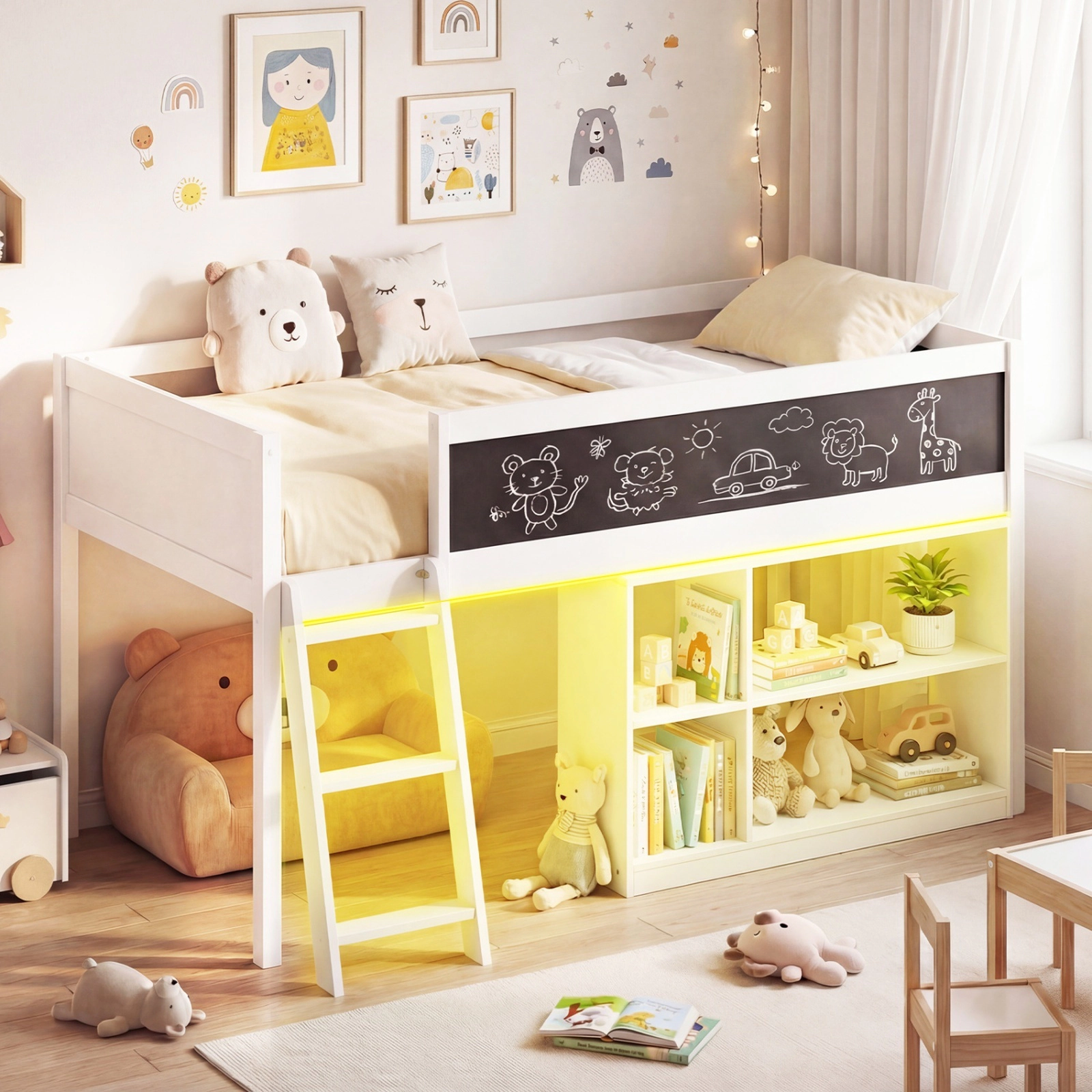SUGIFT Twin Low Loft Bed with RGB LED Lights, Rolling Bookcase and Chalkboard, White
