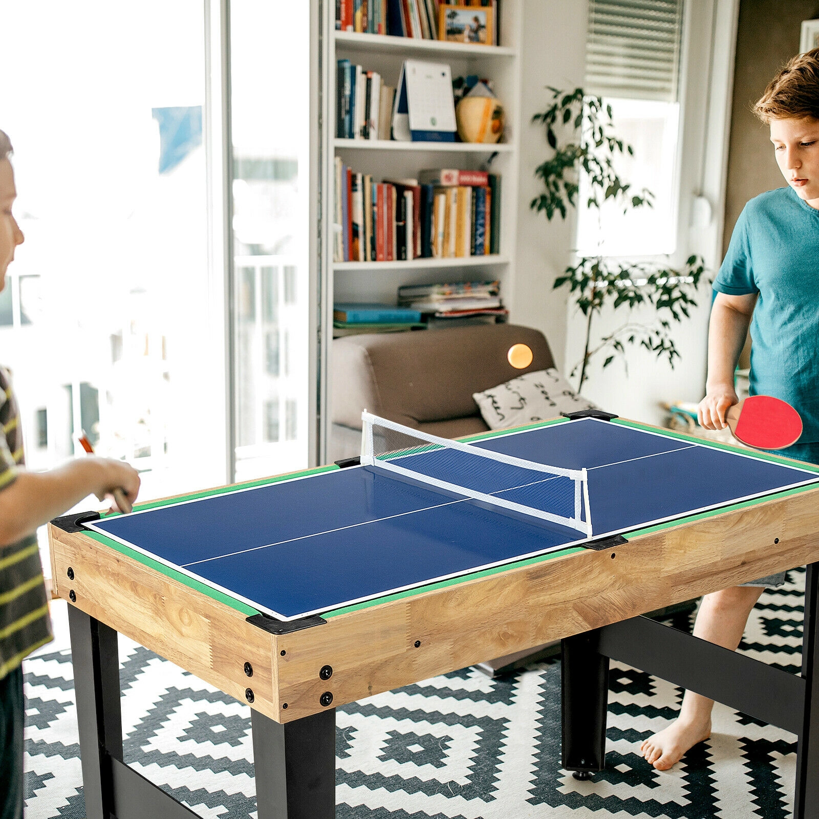 SUGIFT Natural 10-in-1 Multi Combo Game Table with Foosball Bowling and Hockey Tops 41.5-in W 24-in D 31.5-in H