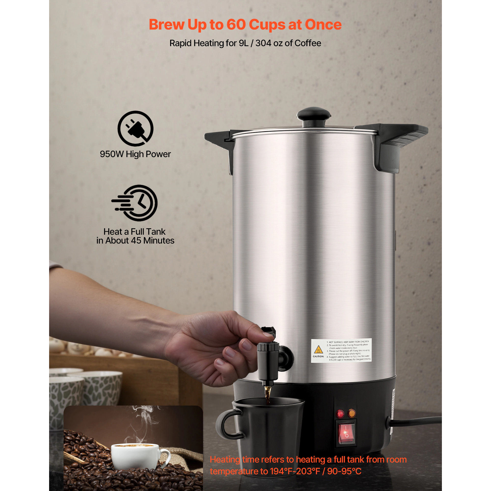 HONGGE Commercial Coffee Urn Hot Beverage Dispenser with Dripless Faucet Quick-Brewing Stainless Steel Large Commercial