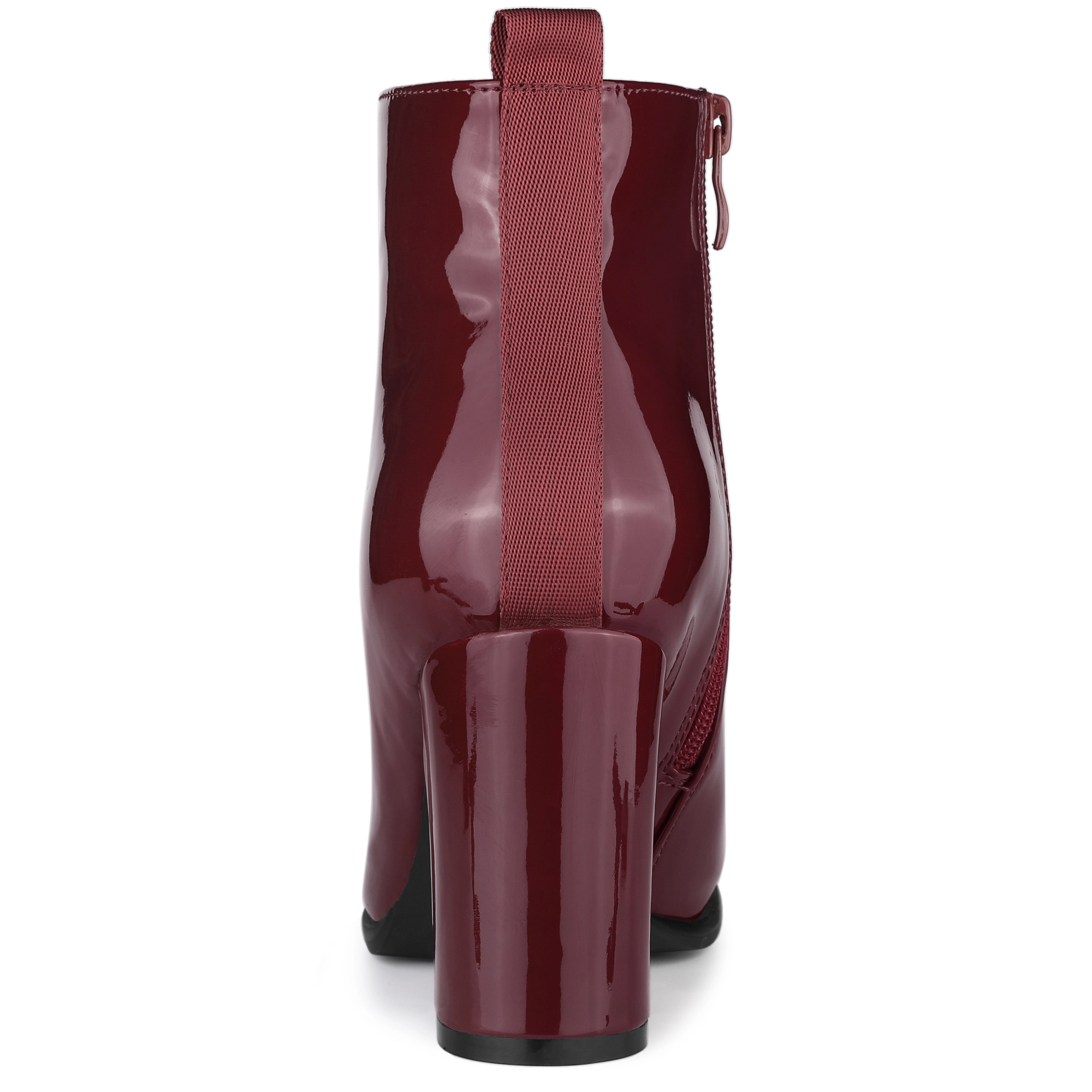 BLISSFUL STEP Women Patent Leather Round Toe Zipper Chunky Heels Ankle Boots