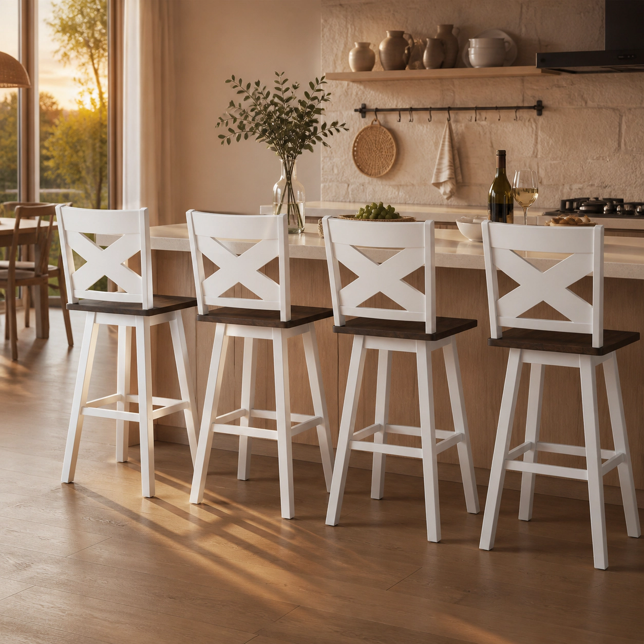 SUGIFT Set of 4 29-Inch Swivel Bar Stools, Rubberwood, Extra-Large Seat, Curved Back, White and Walnut