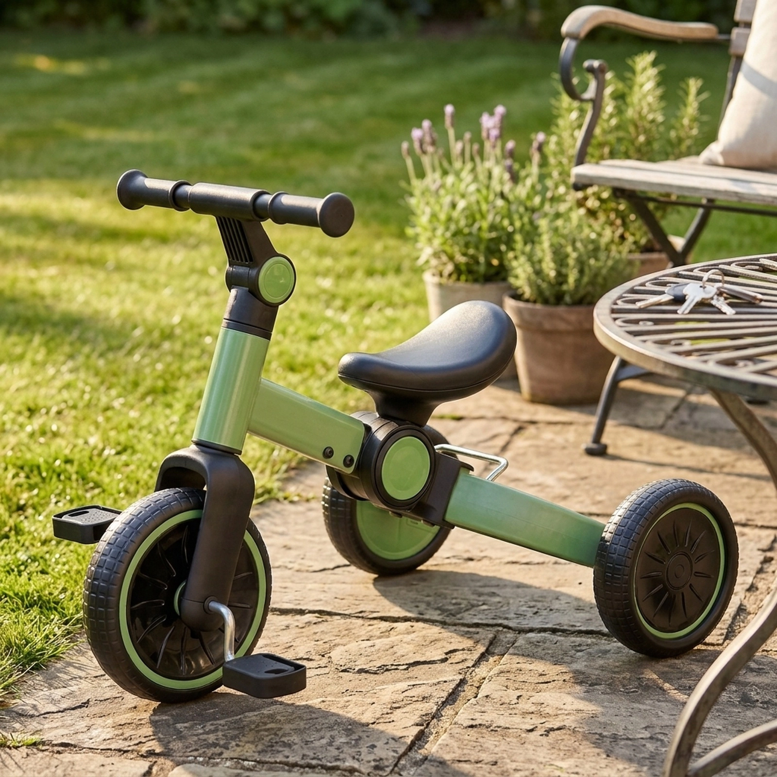 5-in-1 Toddler Balance Bike Removable Pedals 4-Level Handlebar 135-Degree Steering Limit Ages 2-4 Green