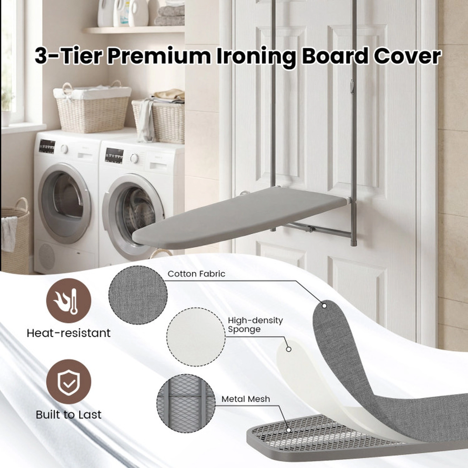 SUGIFT Gray Portable Over the Door Folding Ironing Board with 35-in x 14.5-in Surface and Iron Holder