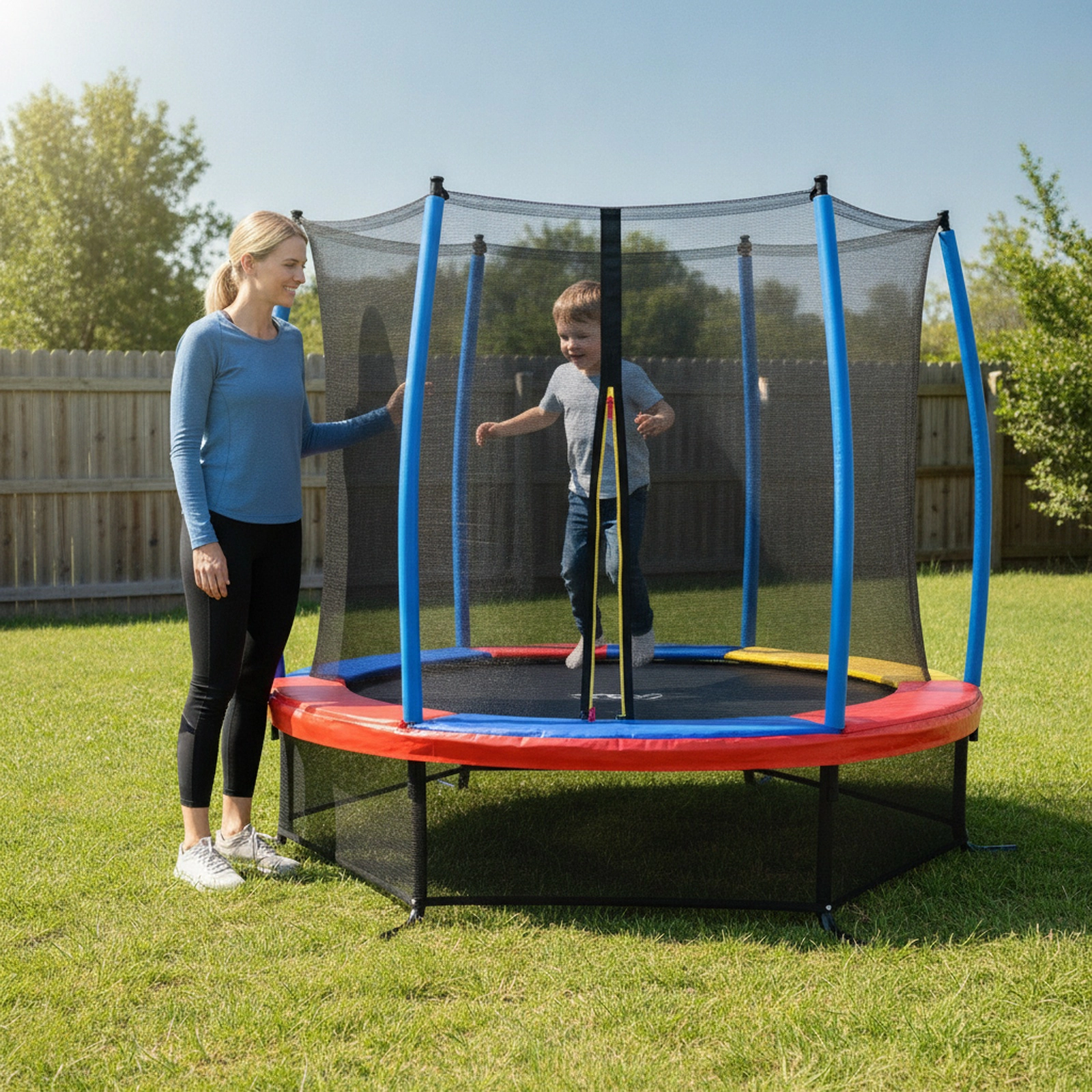 55-in Kids Trampoline Safety Enclosure Net 30 Tension Ropes 300-lb Capacity L-Shaped Steel Legs Yellow Jumping Mat