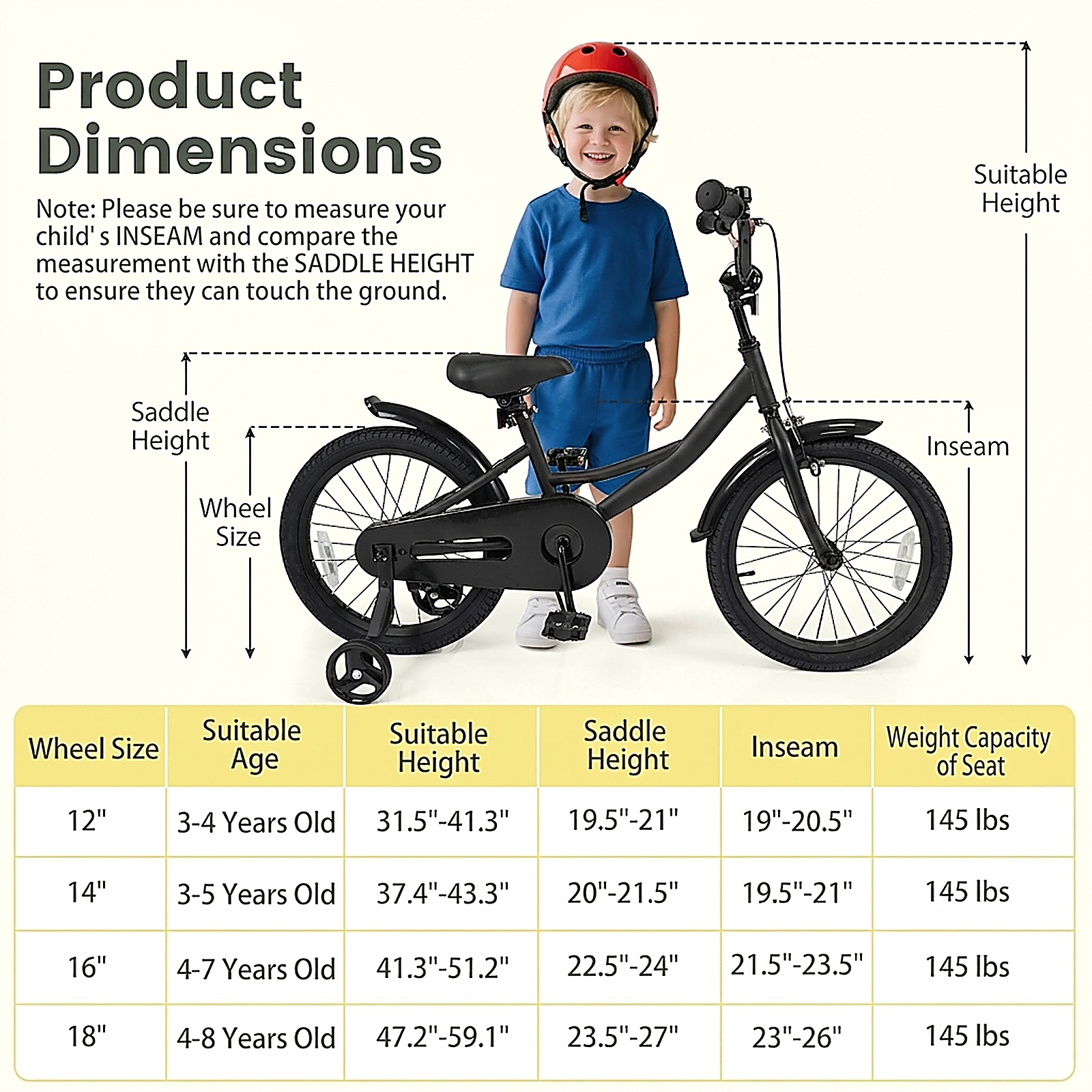 SUGIFT Kids Bike with Removable Training Wheels and Adjustable Seat 145-lb Capacity Ages 4-8 Years Black 18-in Wheel