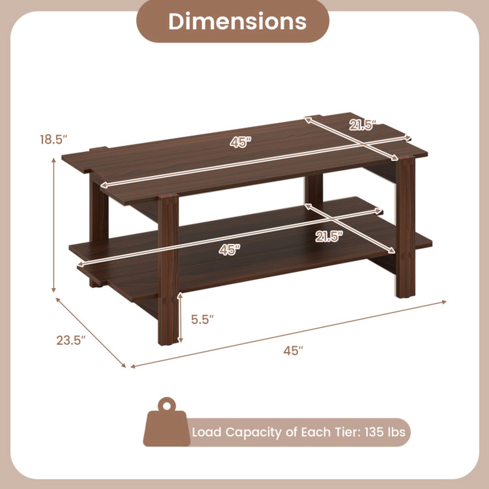 SUGIFT 2-Tier Slatted Engineered Wood Open Storage Coffee Table 45-in x 23.5-in x 18.5-in 135-lb per Shelf Walnut