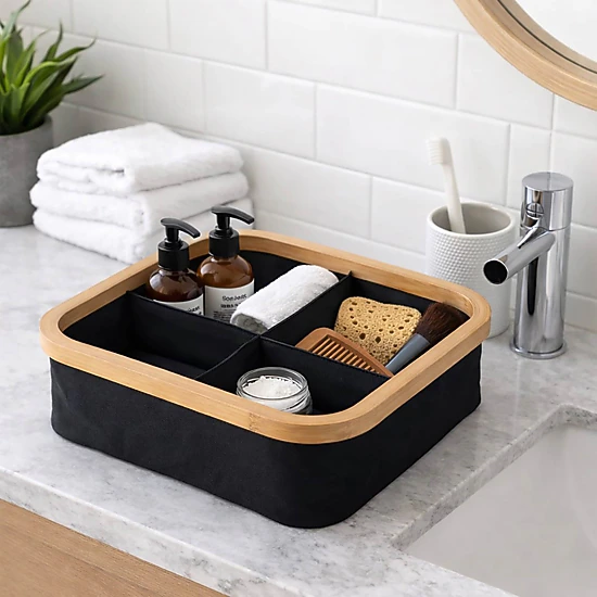 Evideco French Home Goods Black Bamboo-Frame Foldable Storage Basket 15 x 10 x 6 in
